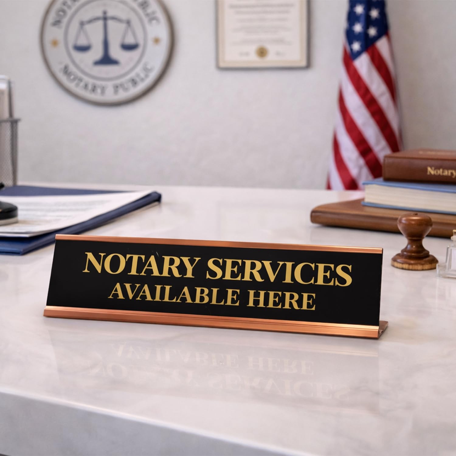 Signs ByLITA Notary Services Available Here Gold Frame Desk Sign (2×8&Prime;)
