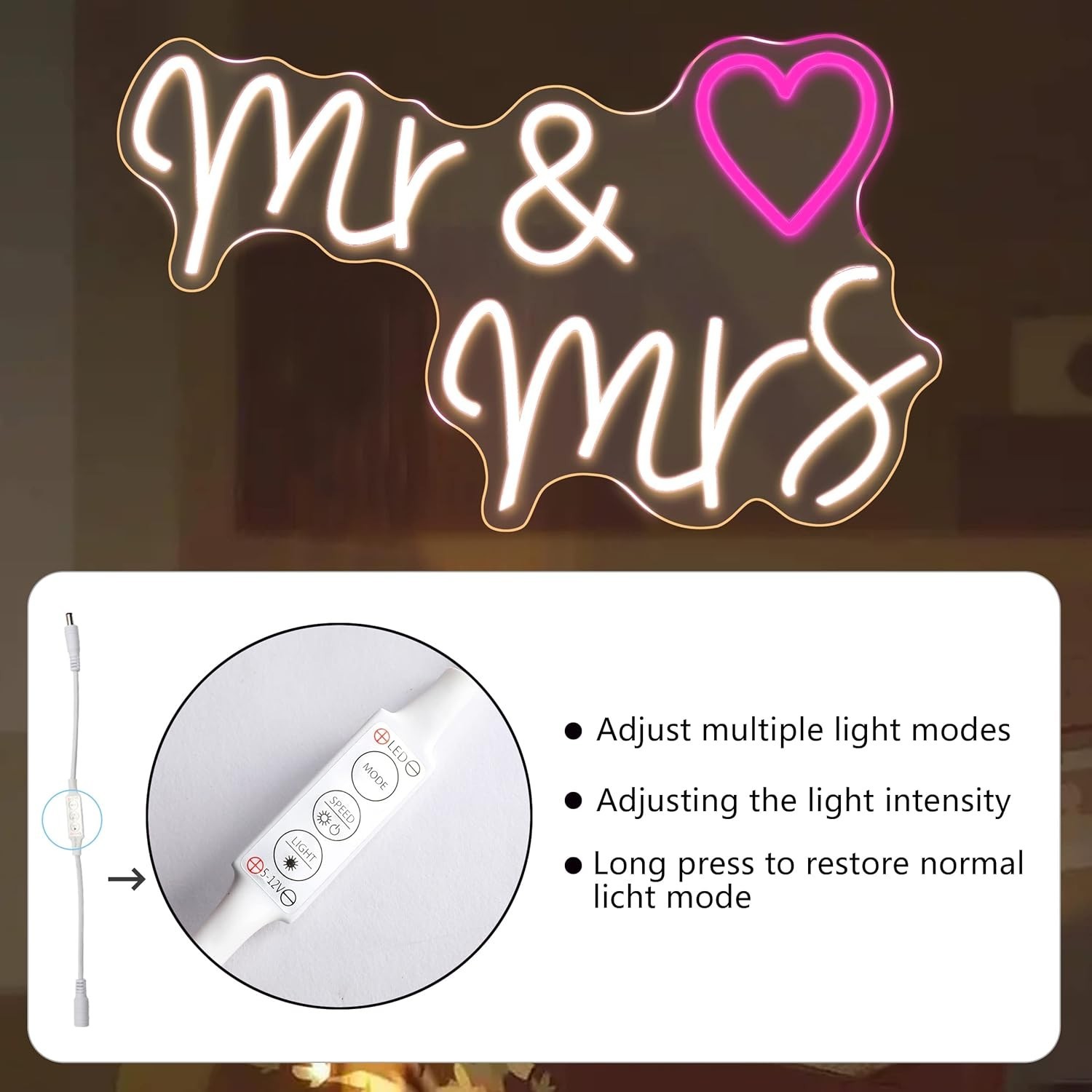 Led Neon Sign « Mr & Mrs » Heart 23&Prime; x14&Prime; Large 110V Wall Decor Wedding Party