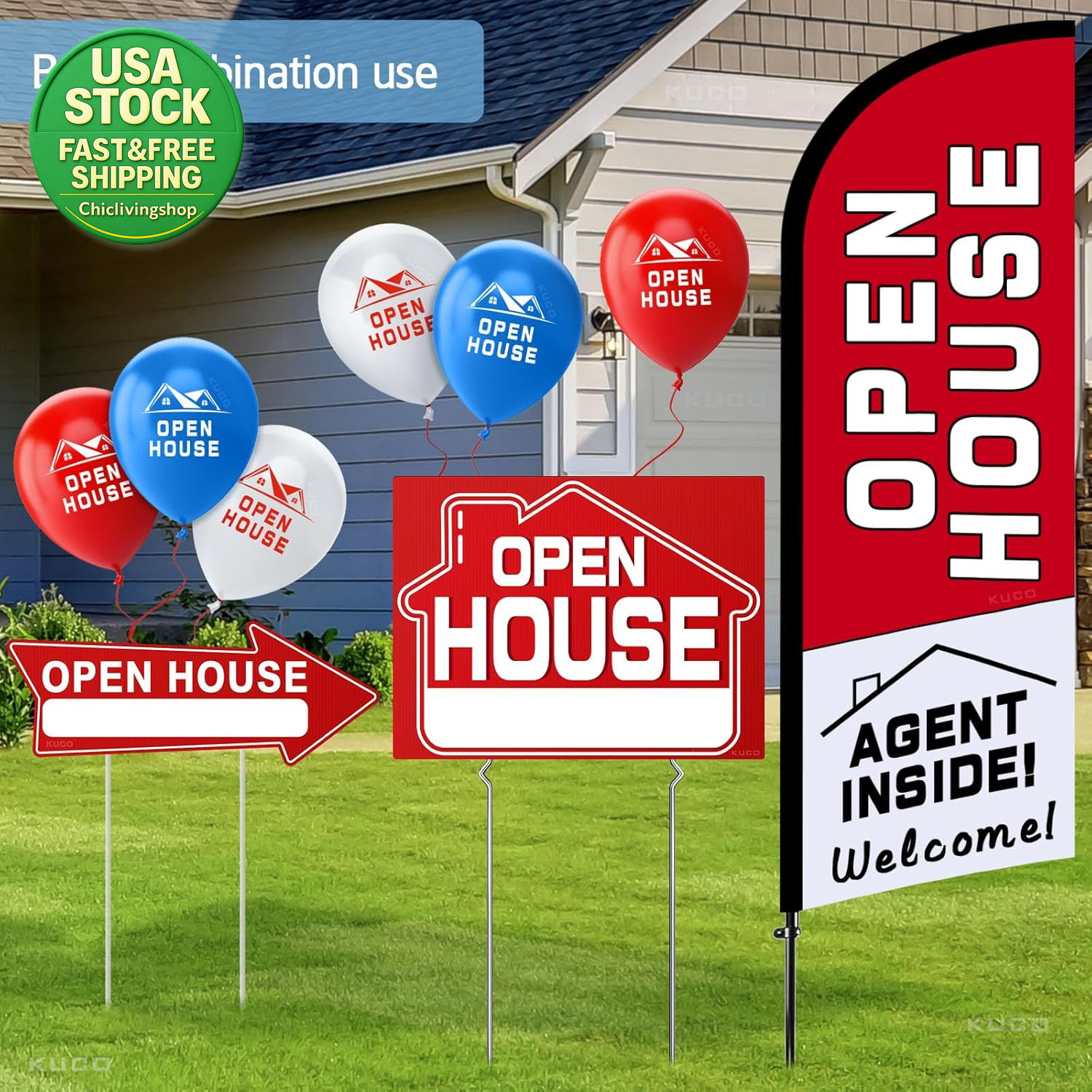 Open House Signs Kit 45 Pcs with Flag Directional Arrows Balloons for Real