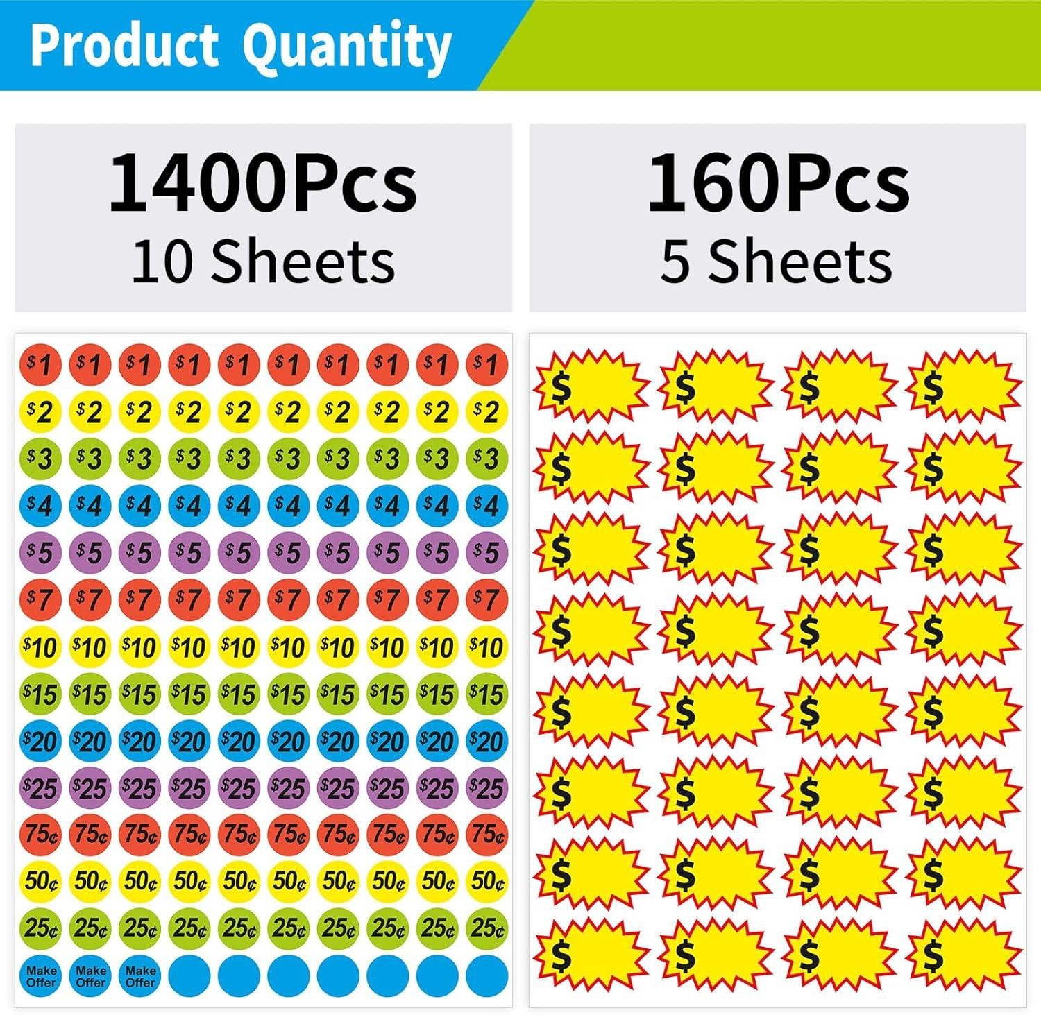 1560 Pcs Removable Garage Sale Price Stickers, 1400pcs 3/4&Prime; Yard Sale Price