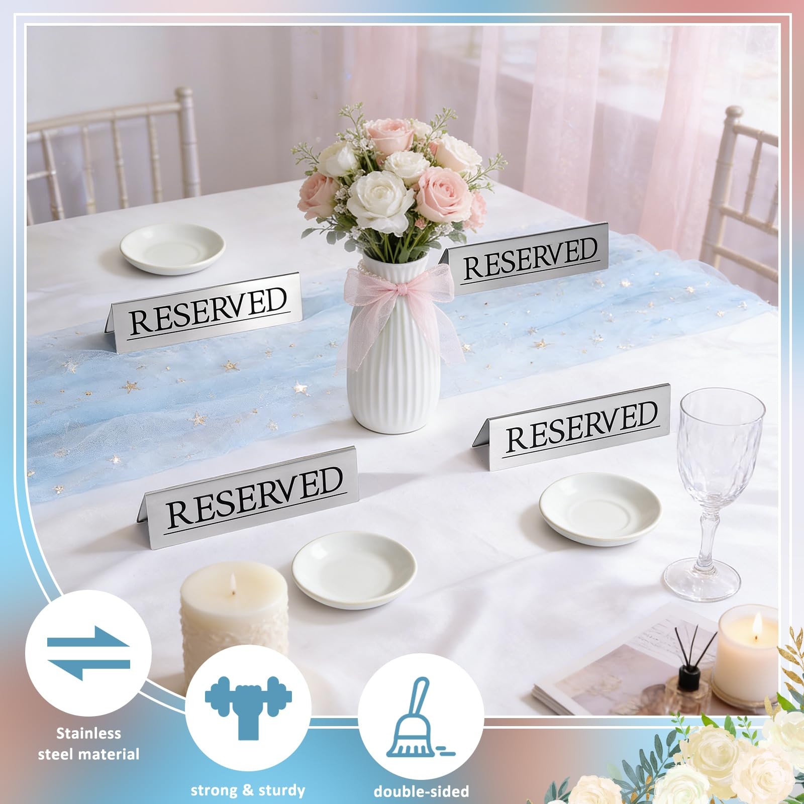 12 PCS 6×1.5 Inch Stainless Steel Elegant Silver Reserved Seating Table Signs
