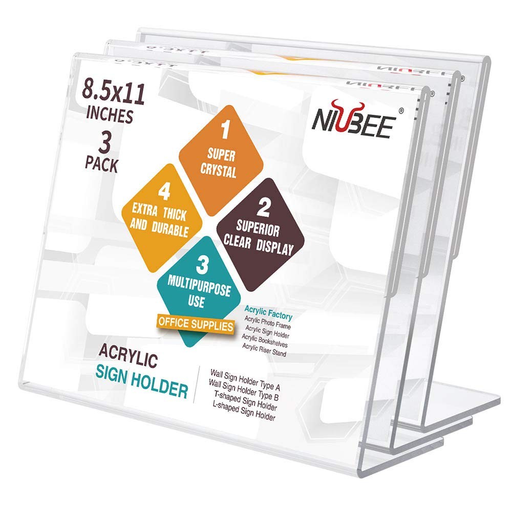 NIUBEE Acrylic Sign Holder 8.5×11 Inches 3 Pack Landscape, 8.5×11&Prime;, Clear