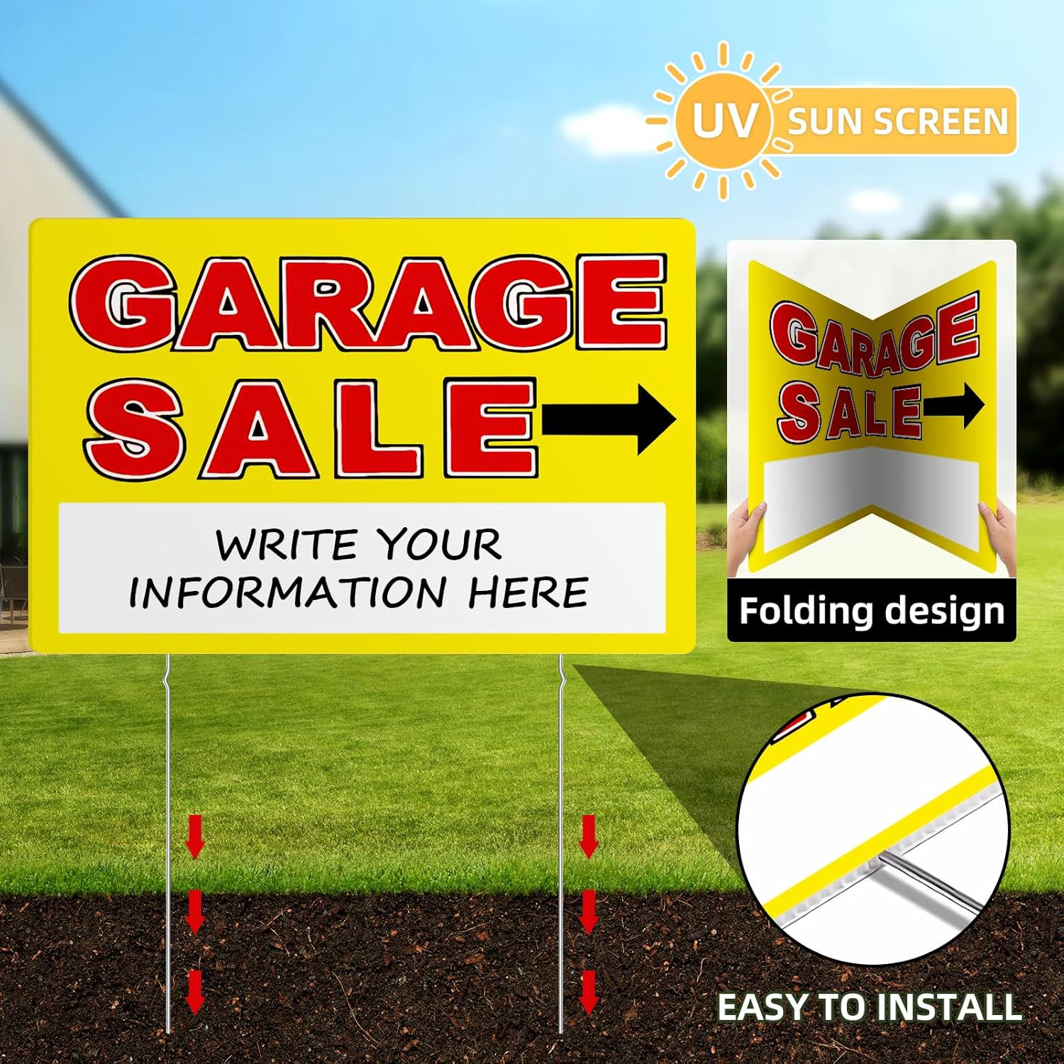 Garage Sale Sign, Large Size 24&Prime; X 16&Prime; Garage Sale Signs with Stakes, 3PCS Doubl