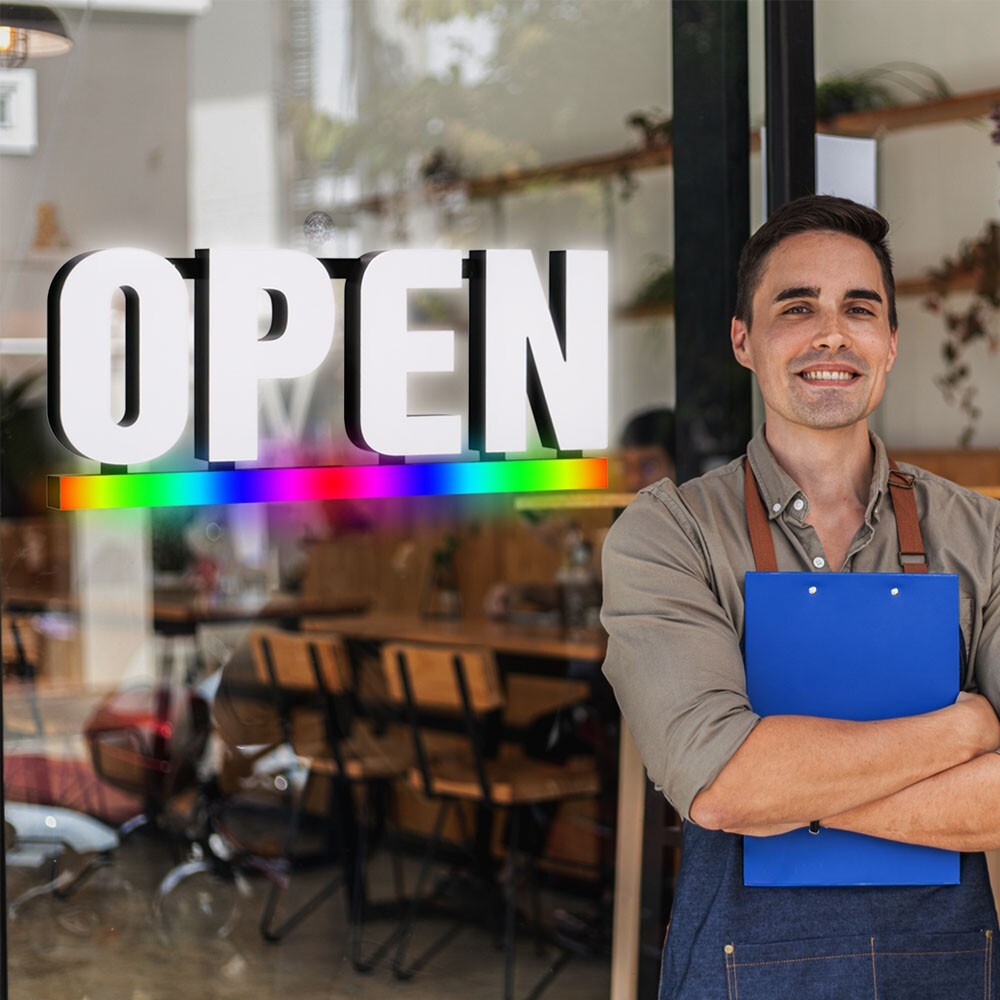 LED Open Sign RGB Underline 30×12 Bright White Frosted Lens Advertising Retail