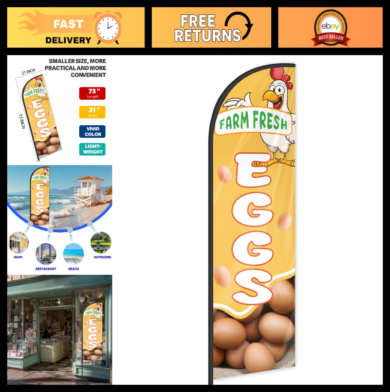 Farm Fresh Eggs Feather Flag 6 FT for Storefronts | Business Signage Advertising