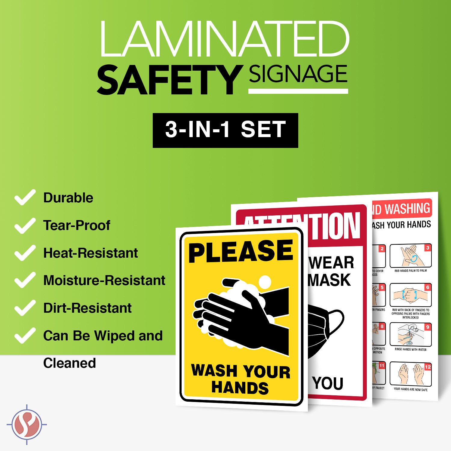 3-in-1 Hand Washing Hygiene Instructions Signs Set, Laminated, 8.5 x 11