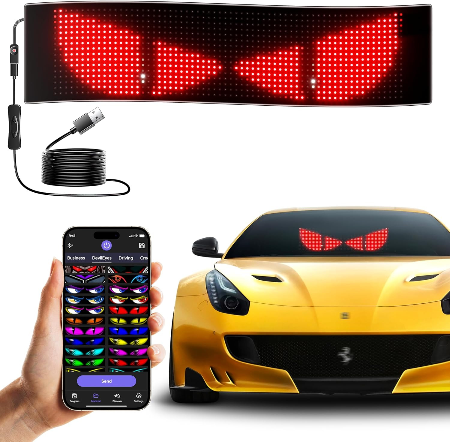 LED Sign for Car Devil&rsquo;S Eyes Light for Windshield APP Control Scrolling Display