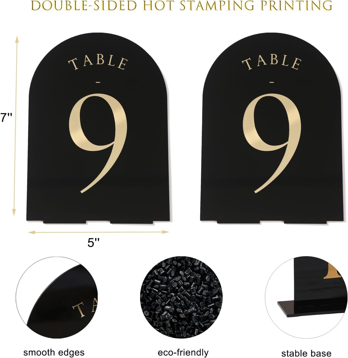 Black Arch Wedding Table Numbers with Stands 1-15, Gold Foil Printed 5×7 Dbl B22