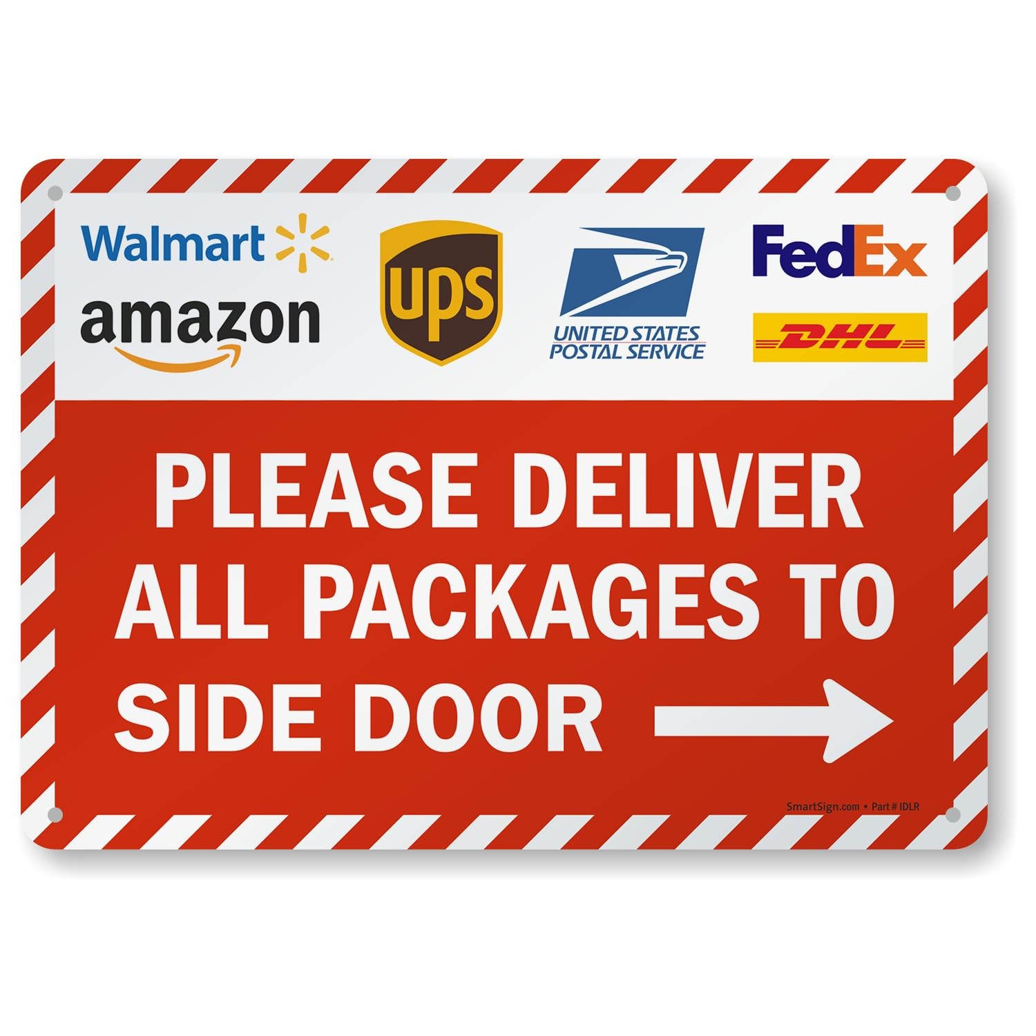 Deliver Packages To Side Door Sign Right Arrow 14×10 Inch Aluminum Striped