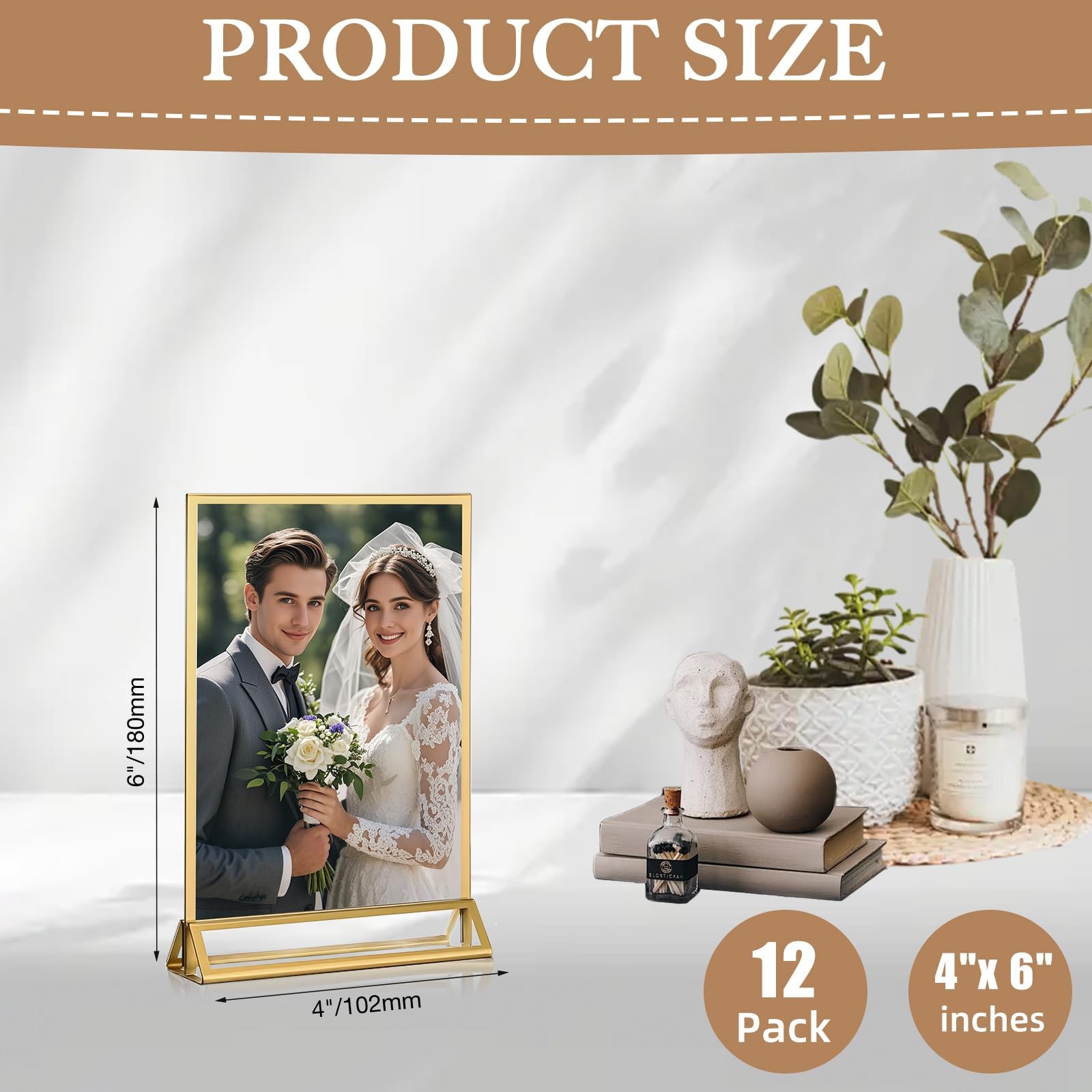 RETON 12 Pack Acrylic Sign Holder, 4×6 Clear Gold Frame 4&Prime; x 6&Prime;,