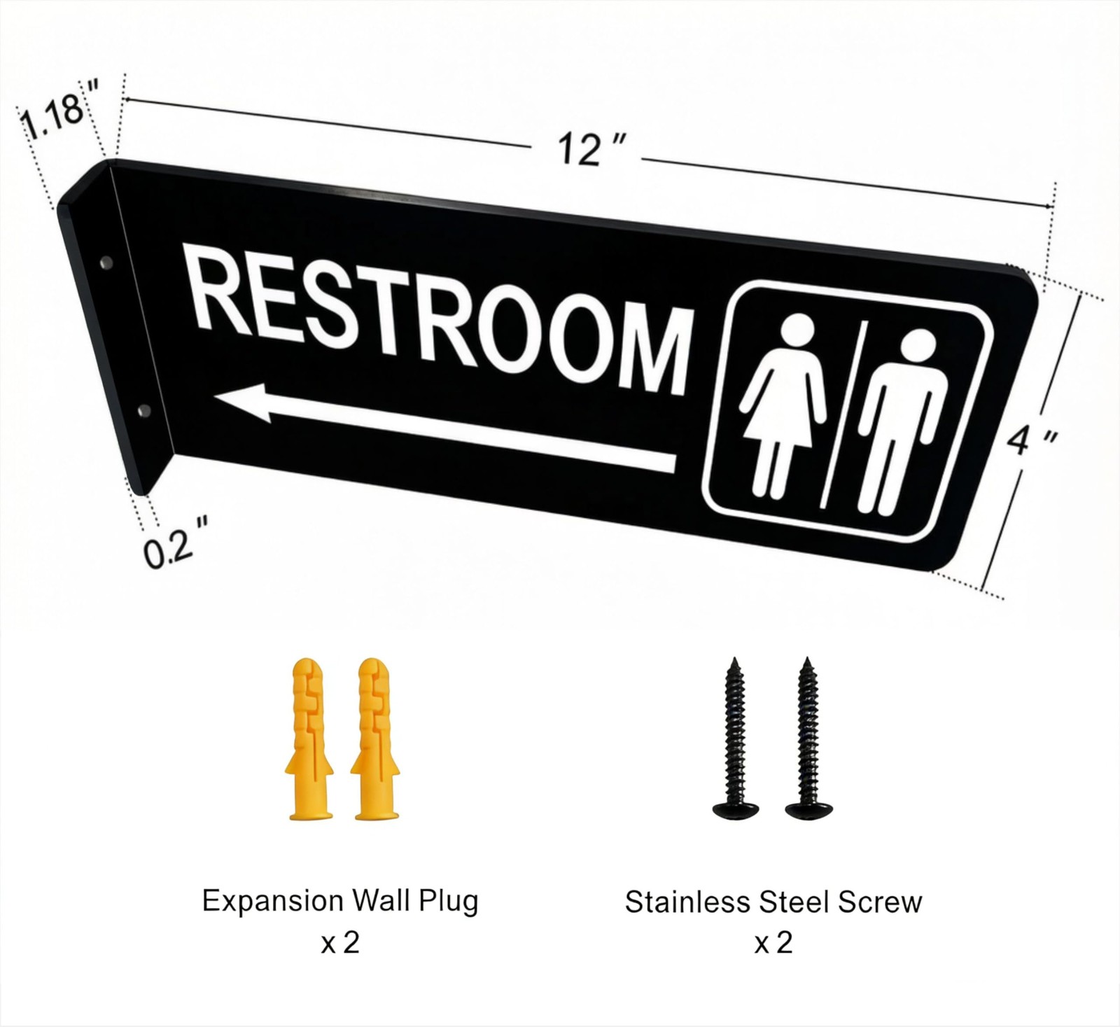 Double-Sided Restroom Sign W/ Arrow 12&Prime;x4&Prime; Premium Frosted Acrylic Black