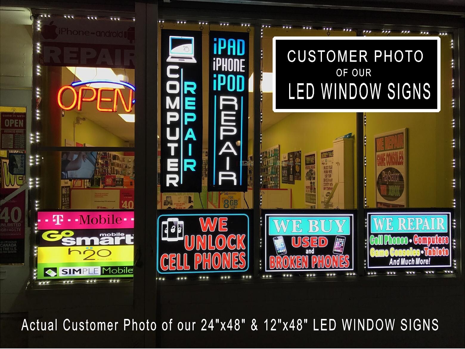 We Repair Cell Phone iPad Tablets Computer LED light box window sign 48&Prime;x24&Prime;