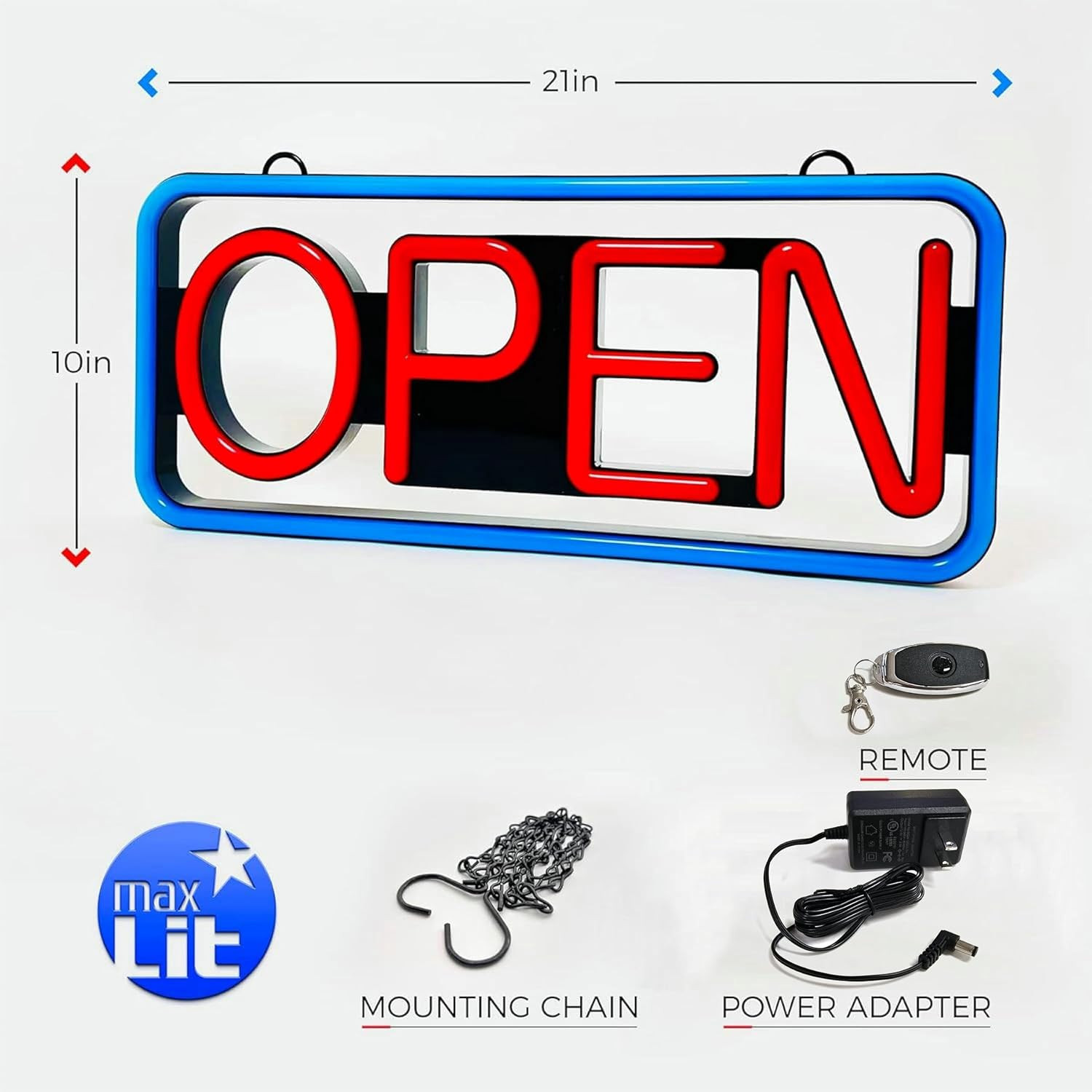 Ultra Bright 21 » X 10 » Remote Controlled OPEN Sign – Energy Efficient (Blue/Re