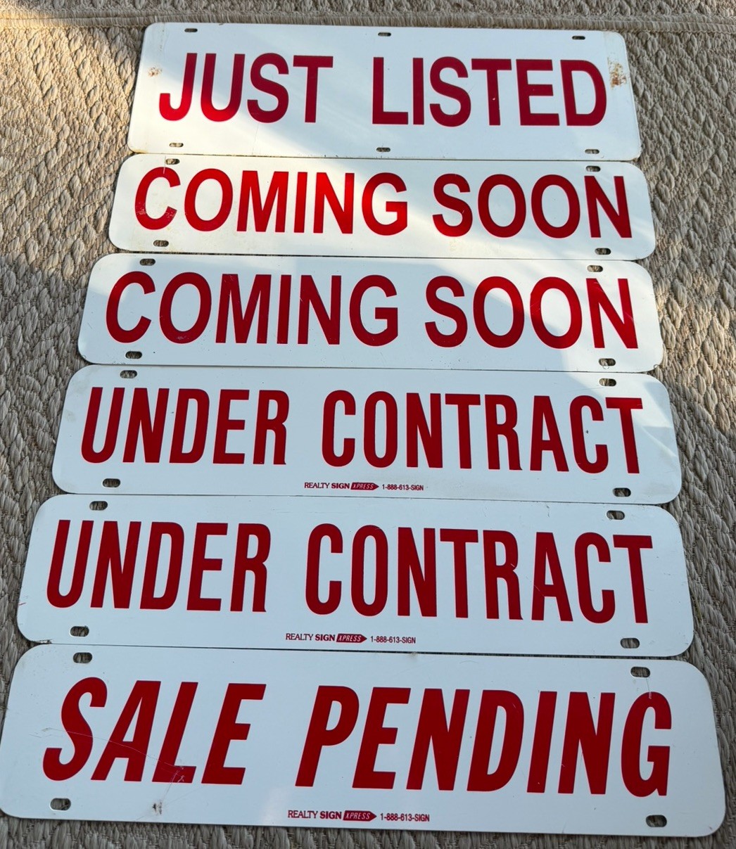 (6)Double Sided Real Estate Signs Metal 18” X 6”/18”X4” Just Listed/Coming Soon
