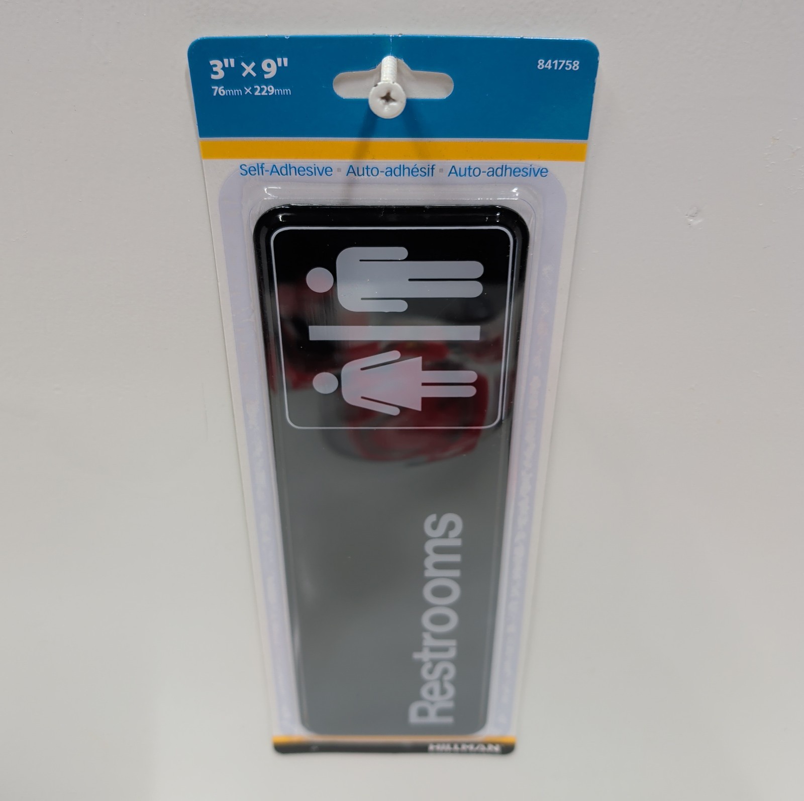 Hillman 841758 Restrooms Sign 3×9 Black White Adhesive Door Wall Office New Seal