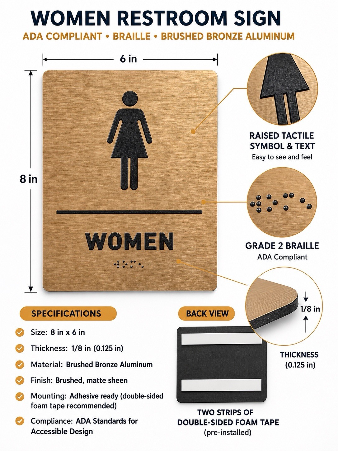 Women’s Restroom Sign 8×6 Brushed Bronze Aluminum ADA Braille Door Wall Mount