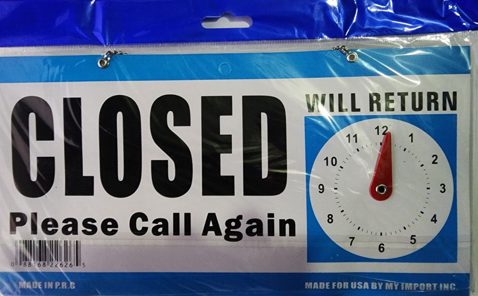 Open and Closed Sign, Plastic, with Hanging Chain, Dual Sides with “Will Return”