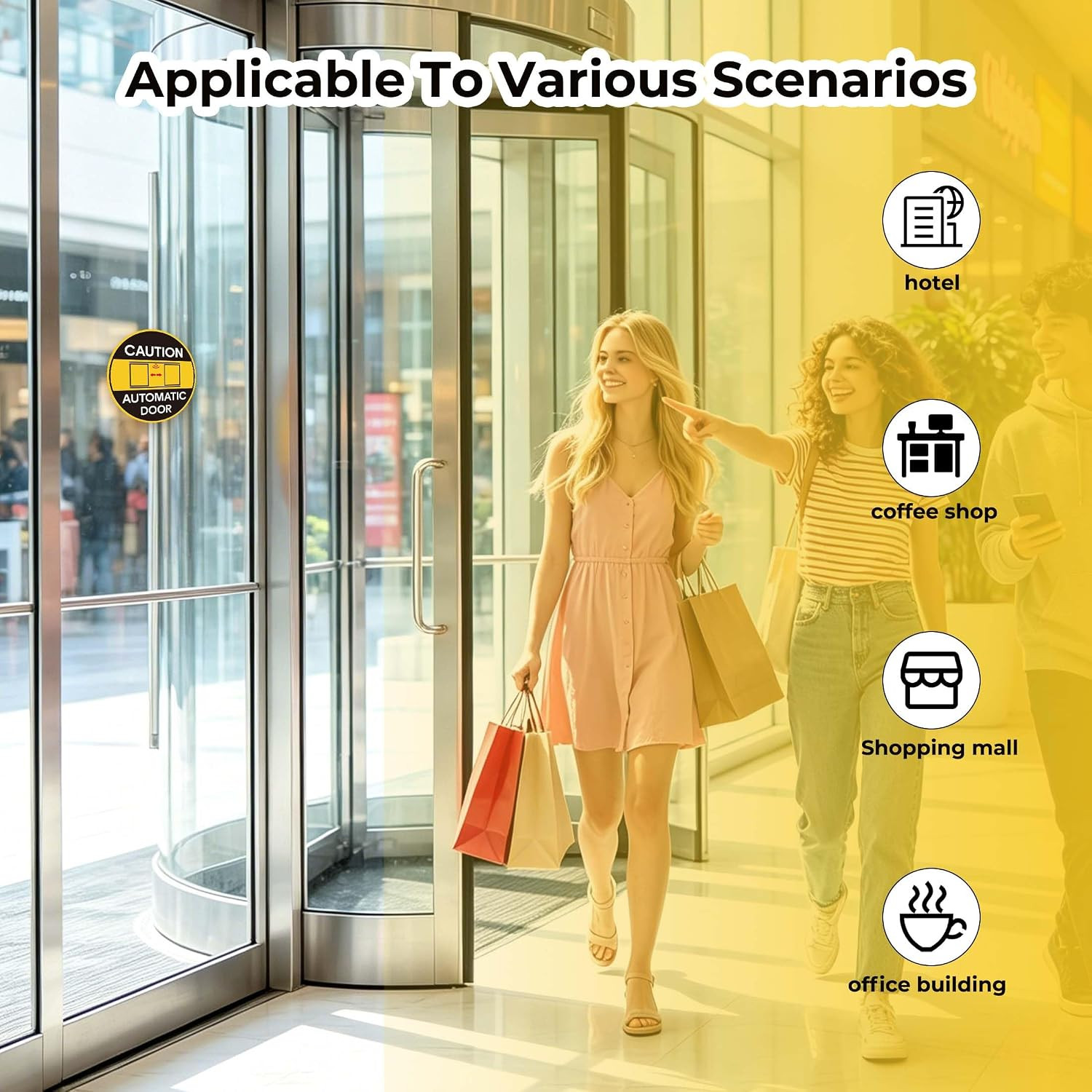 2PCS Caution Automatic Door Signs, Easy Installation Self Adhesive Vinyl Automat