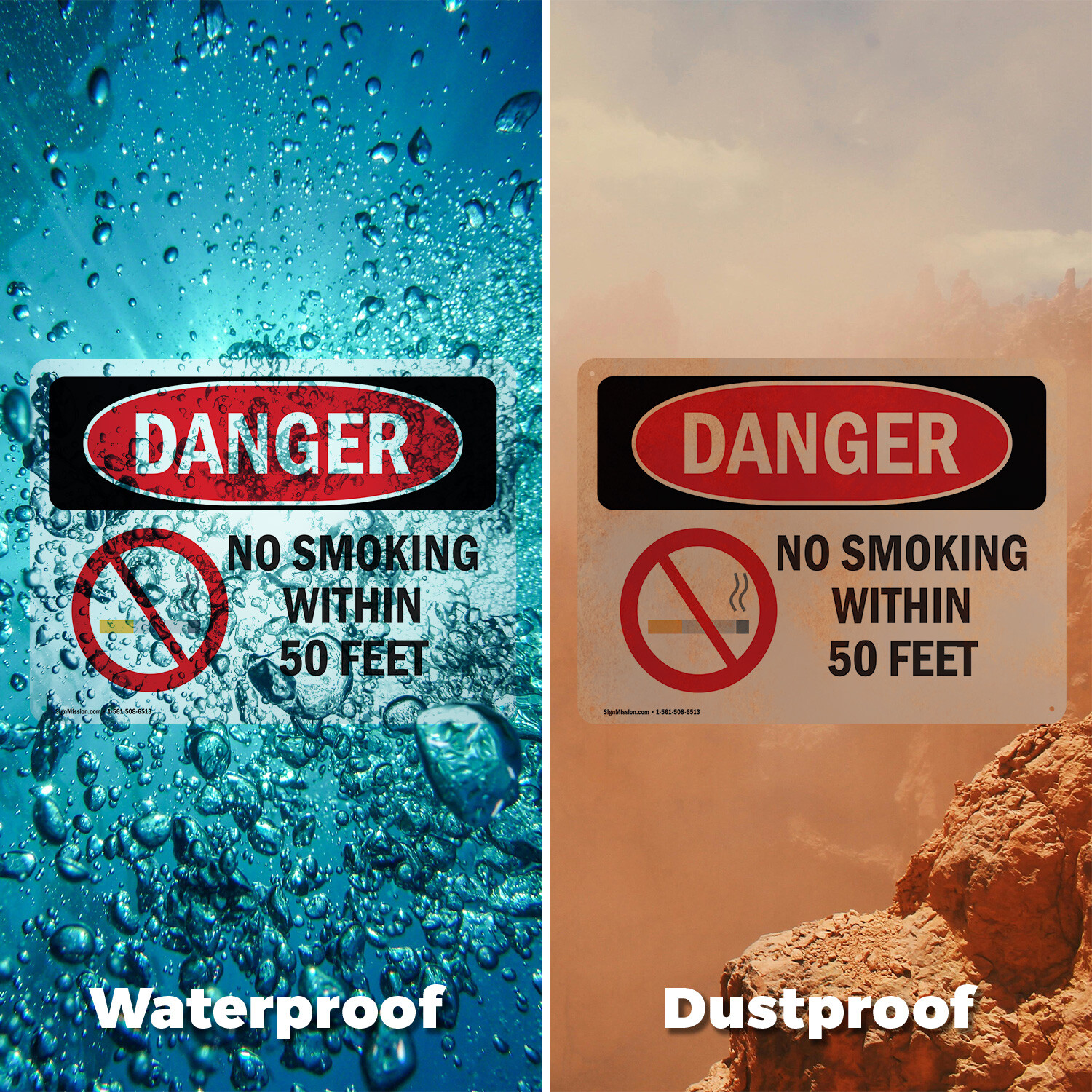(2 Pack) No Smoking Within 50 Feet OSHA Danger Sign Decal Metal Plastic