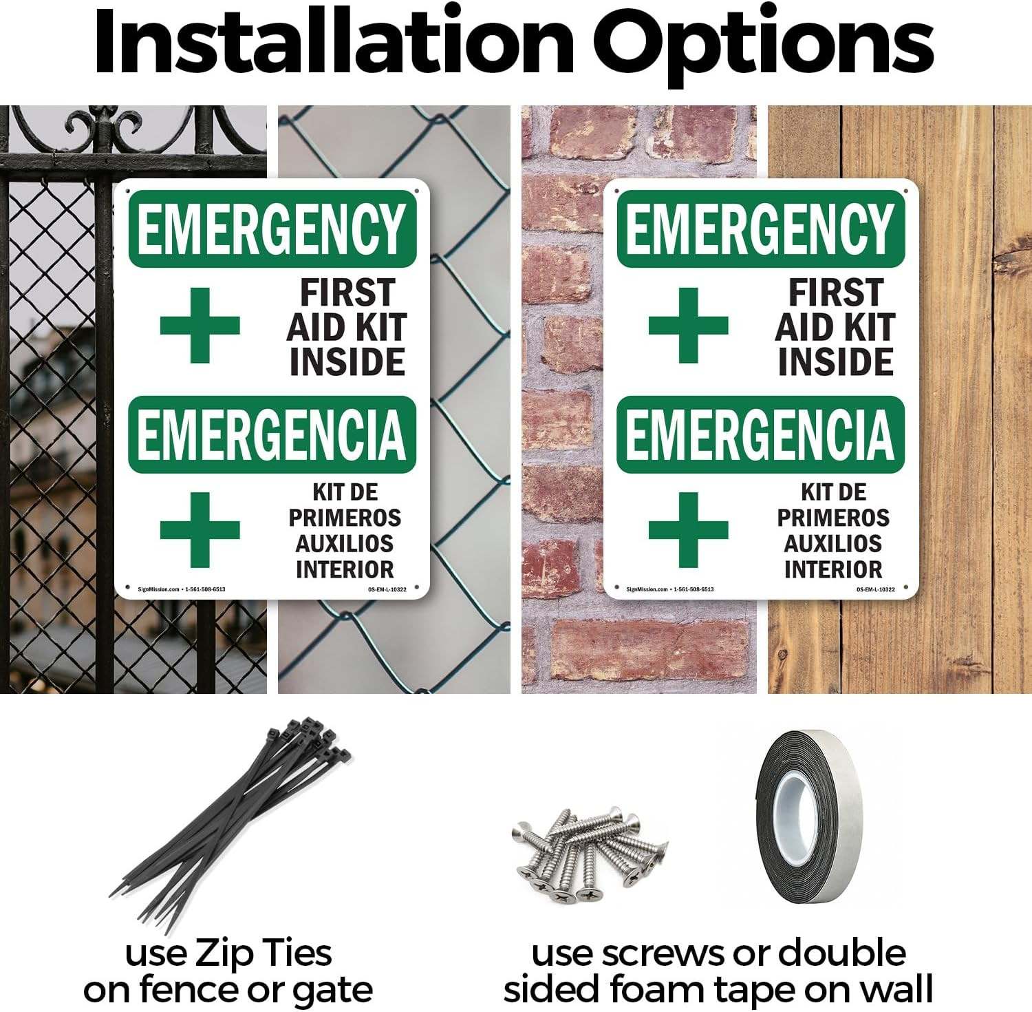 First Aid Kit inside Bilingual OSHA Emergency Rigid Plastic Sign 18 Inch X 12 In