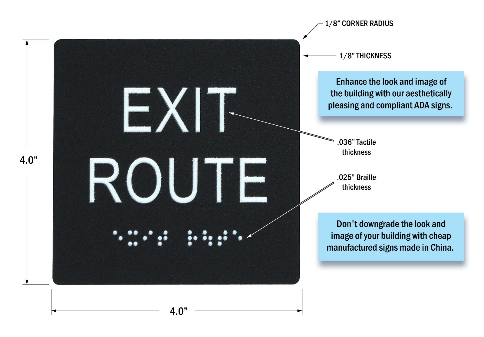 « EXIT ROUTE » ADA / braille sign 4&Prime; x 4&Prime; matte black acrylic w/white tactile 