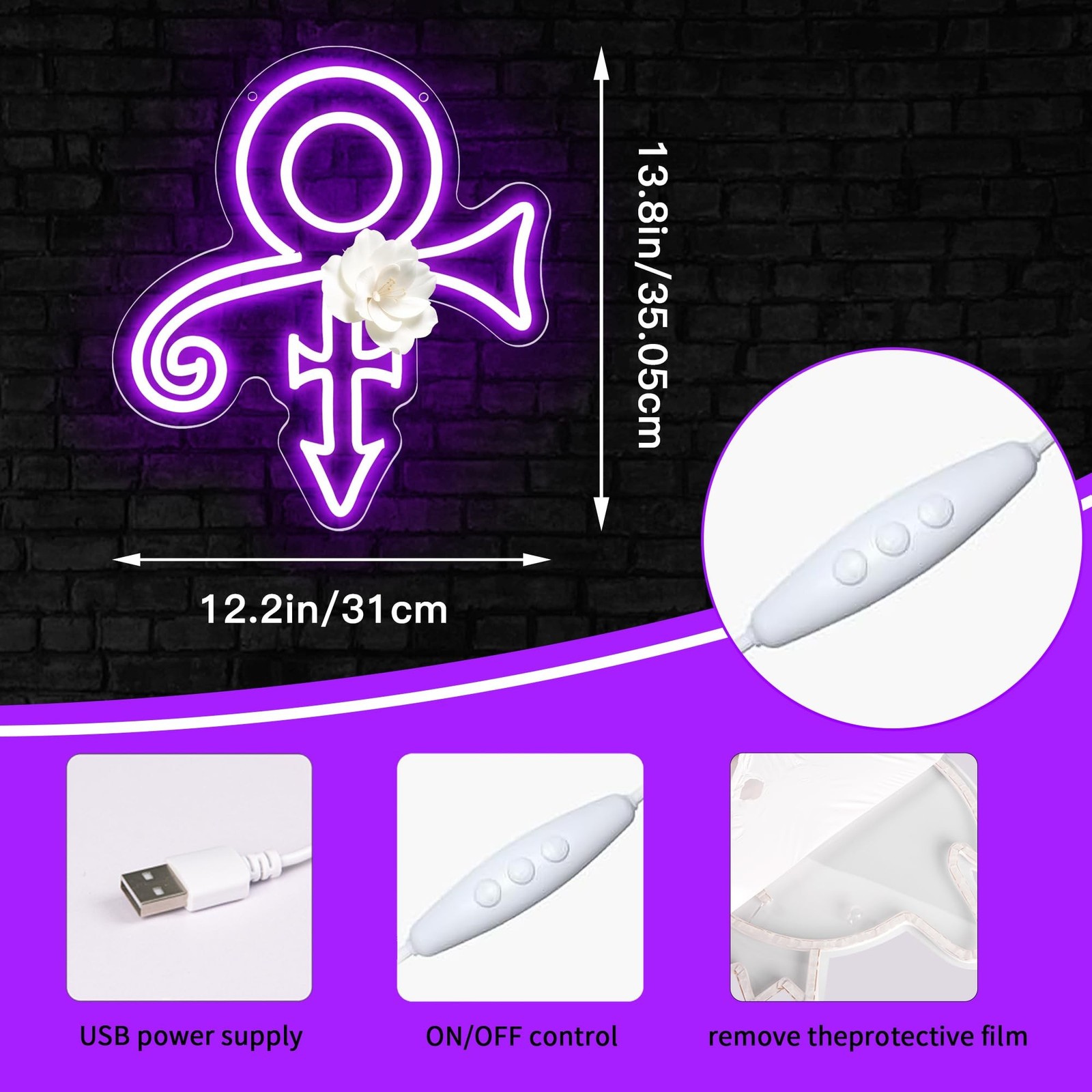 Prince Symbol Neon Sign for Wall Decor Purple Music LED Light Signs for Studi…
