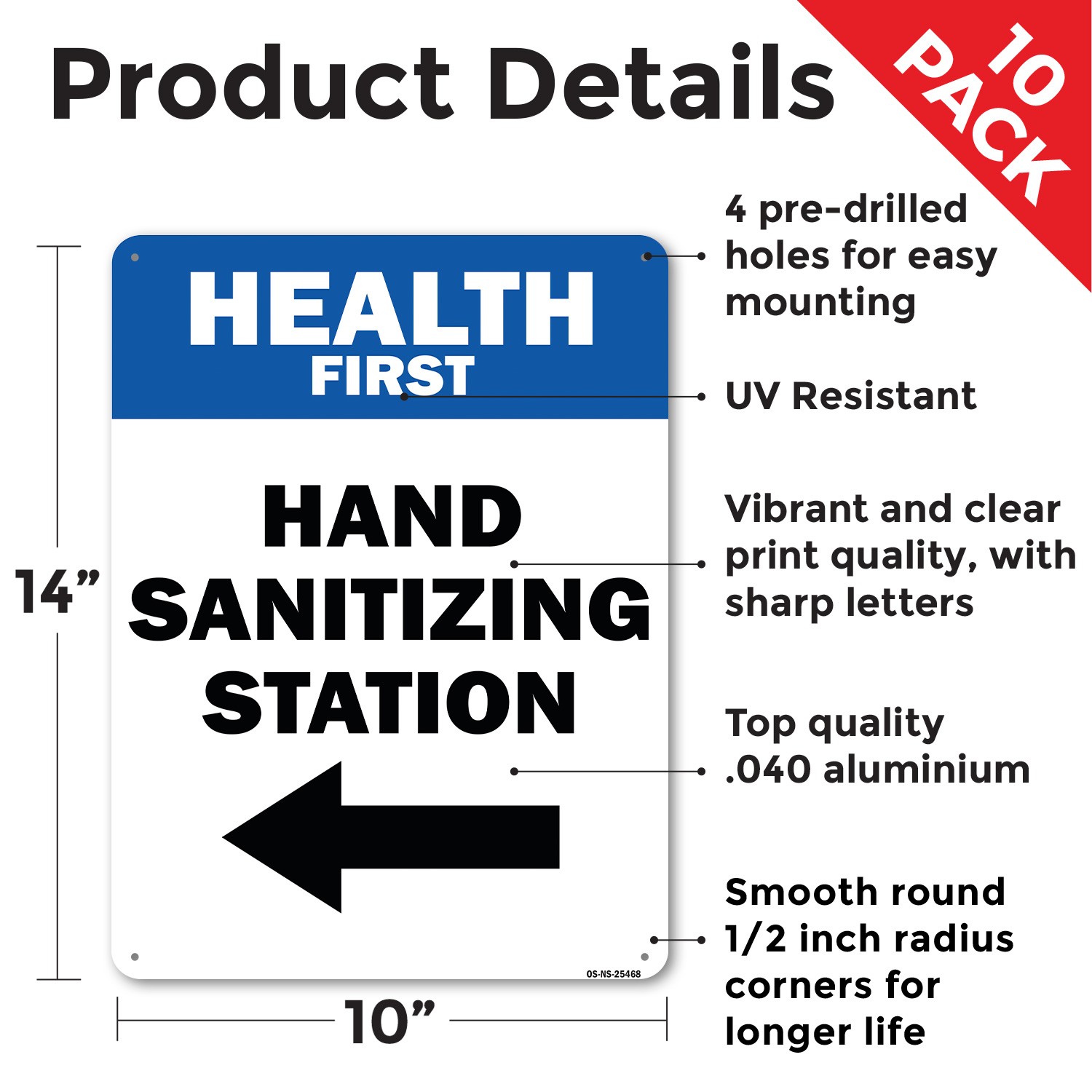 Health First Hand Sanitizing Station Left Arrow Public Safety Sign 5/10 Pack