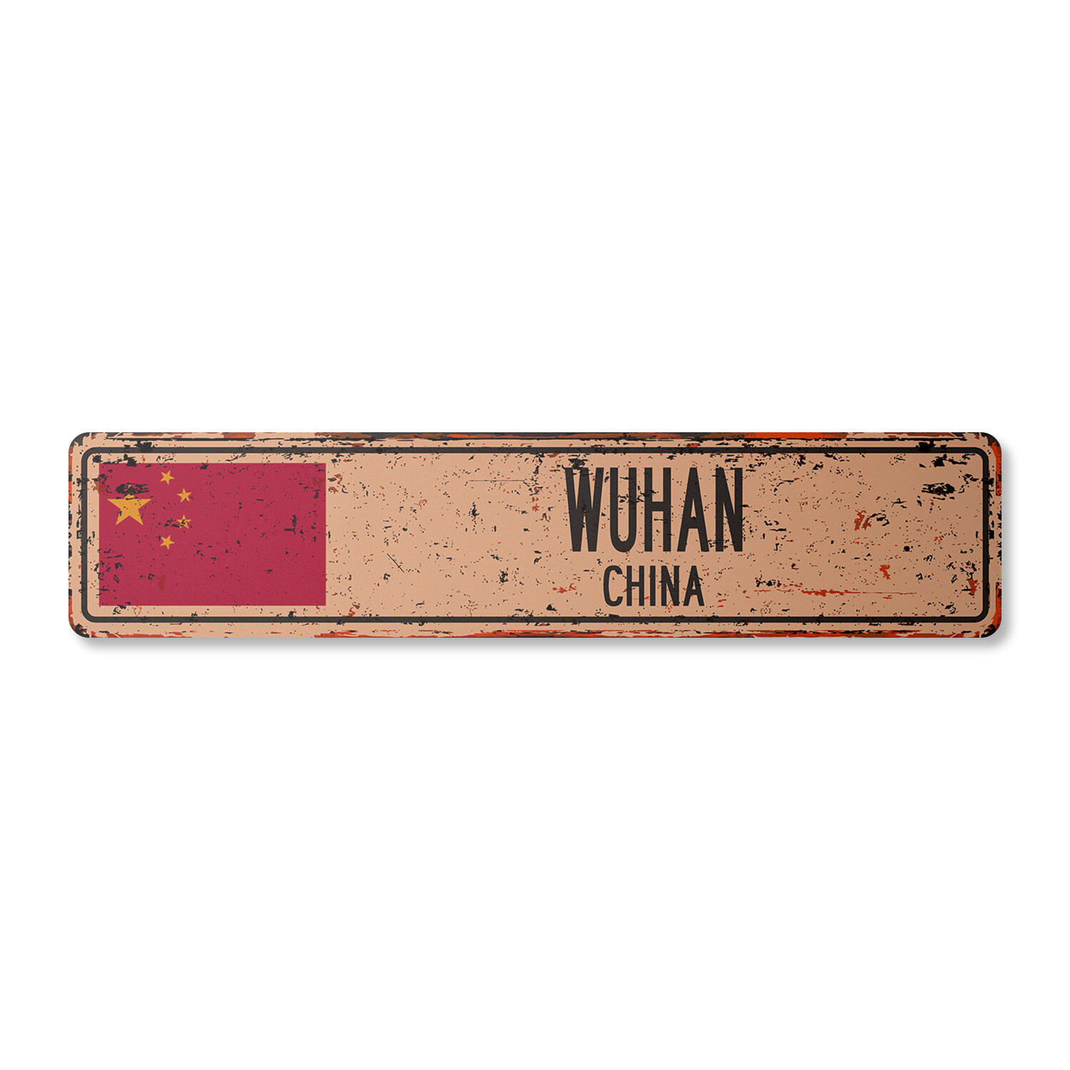 WUHAN CHINA Vintage Street Sign Asian Chinese flag city country road wall rustic