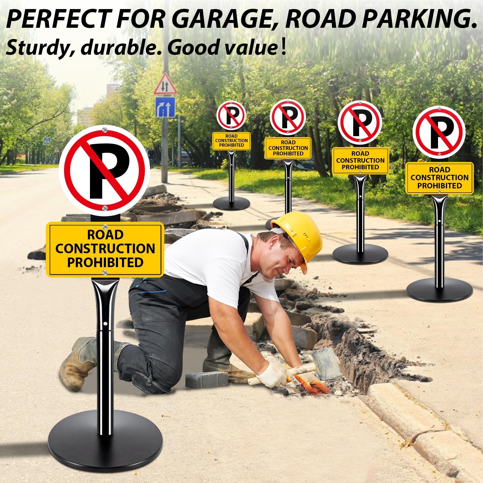 2Pack Heavy Duty Outdoor Sign Post – 20lbs Cast Iron Base, 49&Prime; Height, Black