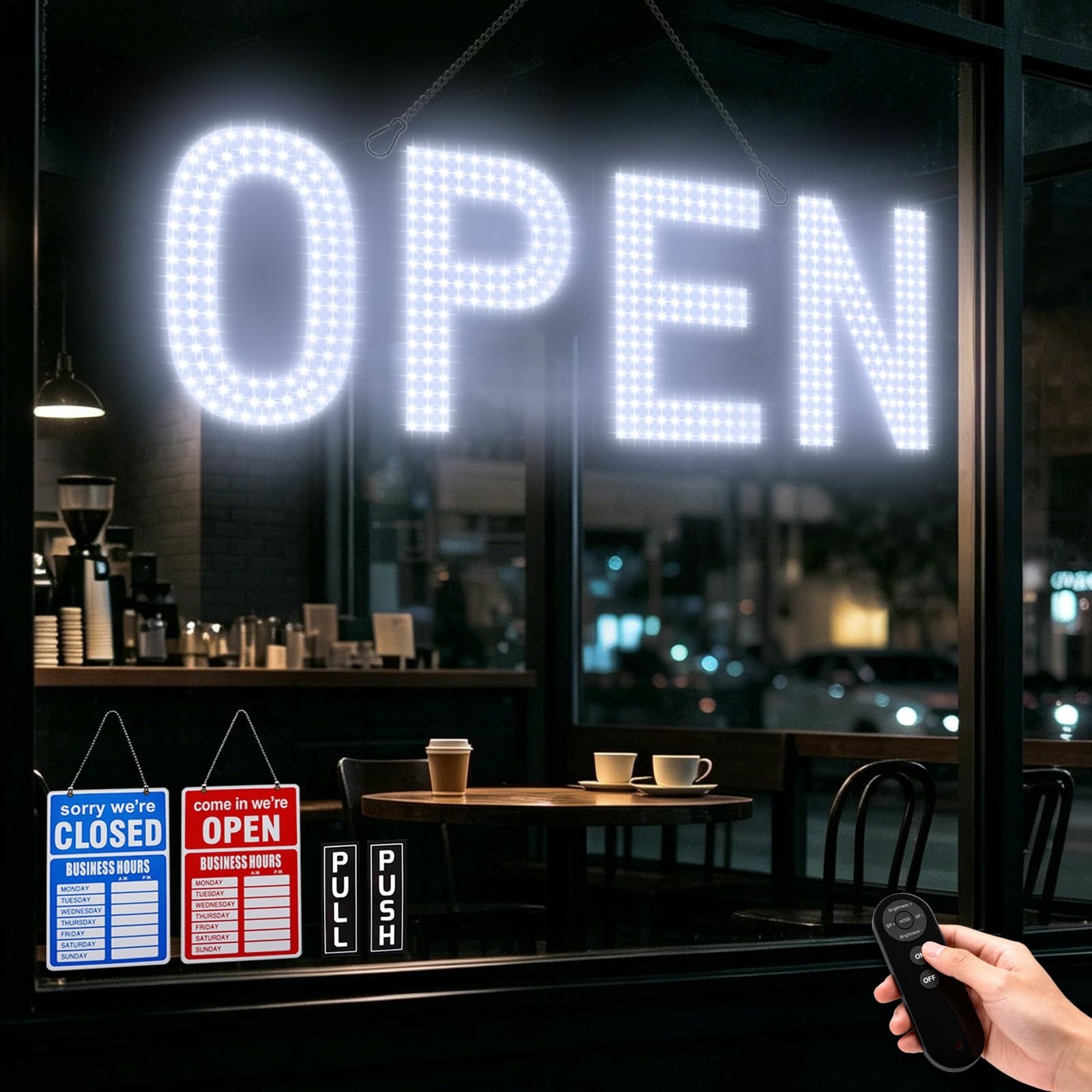 Ultra Bright LED Open Sign 30&Prime;x10&Prime;, Remote Control, Dimmable, Foldable – Cafe, S