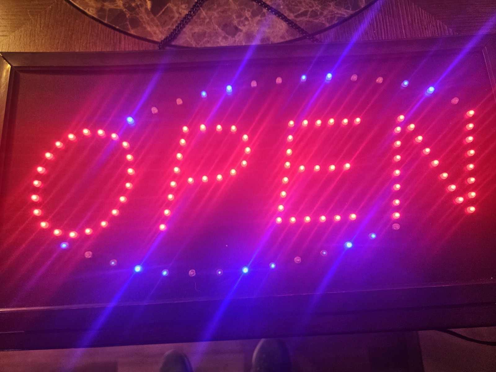 Black Frame w/Red & Blue LED Lights « OPEN » Sign 18.75&Prime;x10&Prime;w/Hanging Chain WORKS