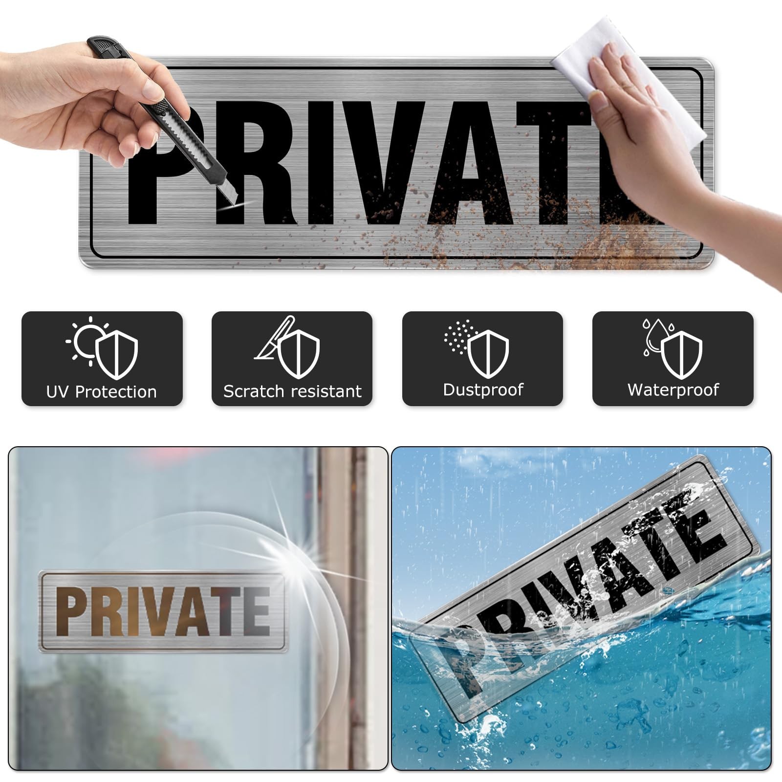 Private Sign Aluminum Silver 9 x 3 Inches Self-Adhesive Waterproof Metal Door…