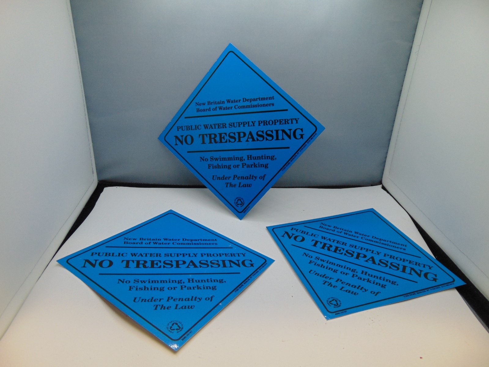 (3) Original New Britain Water Dept No Trespassing Diamond blue color signs 8&Prime;