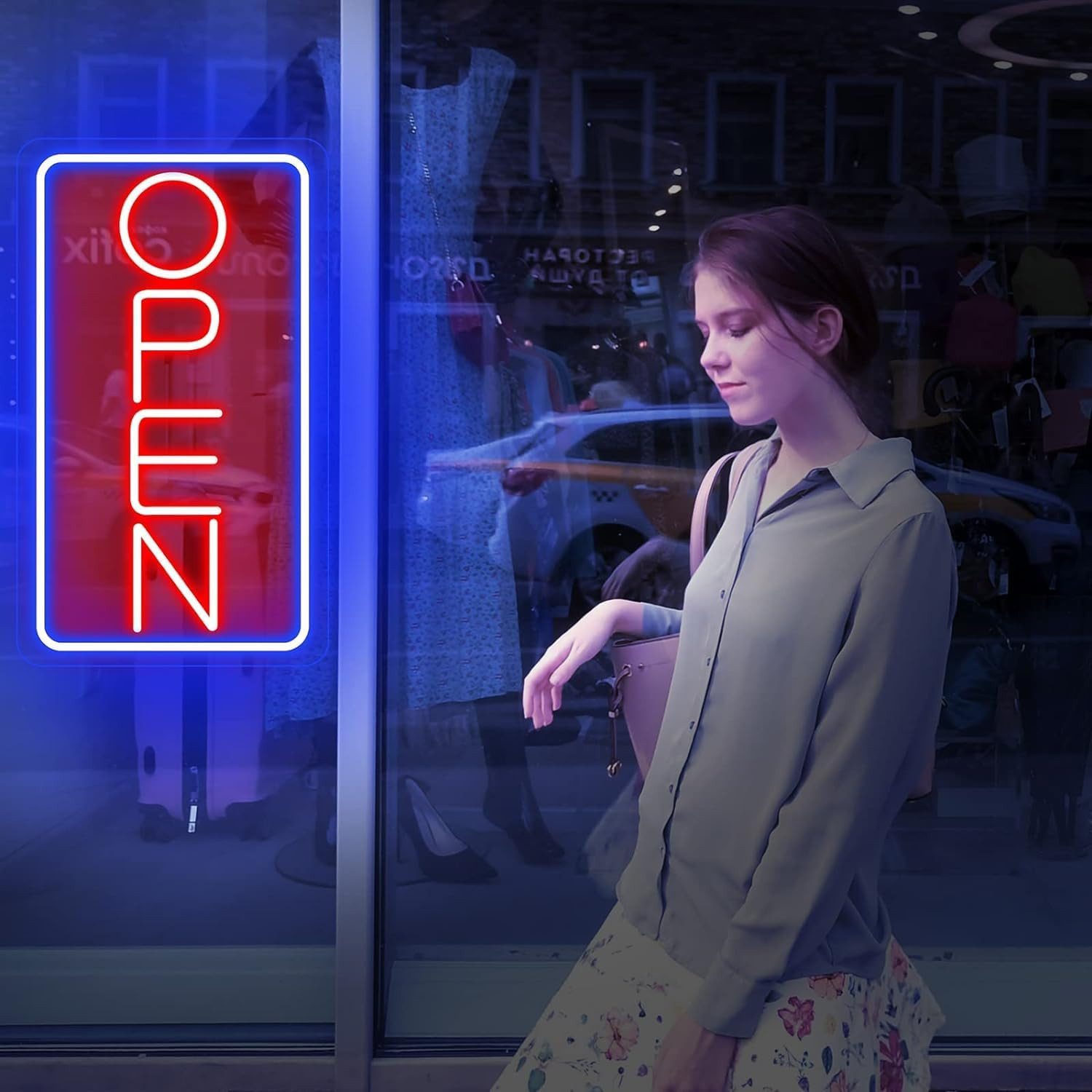 Ultra Bright LED Neon Open Sign for Business – 32&Prime; Vertical Blue/Red