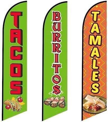 3 (three) Pack Tall Feather Flags Mexican Food Restaurant Tacos Burritos and…