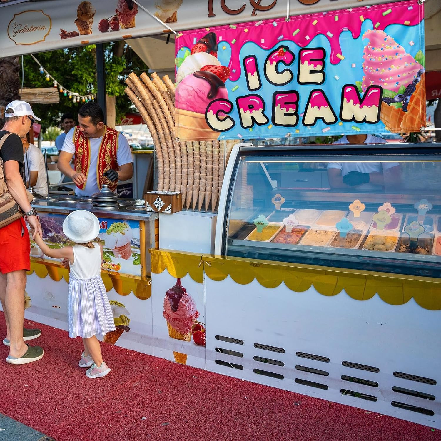 2X4 Feet Ice Cream Banner Sign Polyester Fabric Ice Cream Feather Flag for Summe