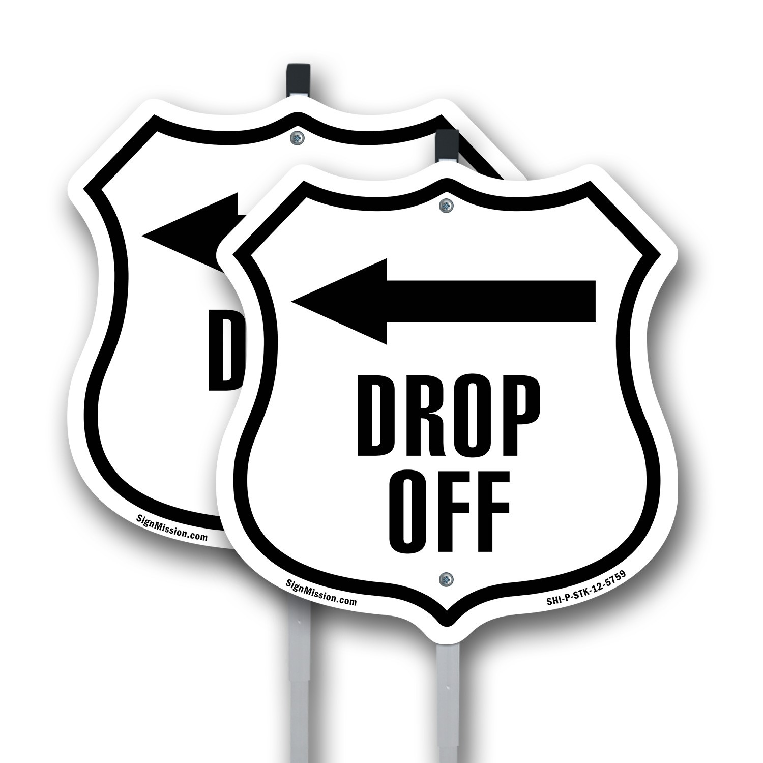 Drop-Off Left Shield Shaped Sign With Stake Weather Resistant Crafted in the USA