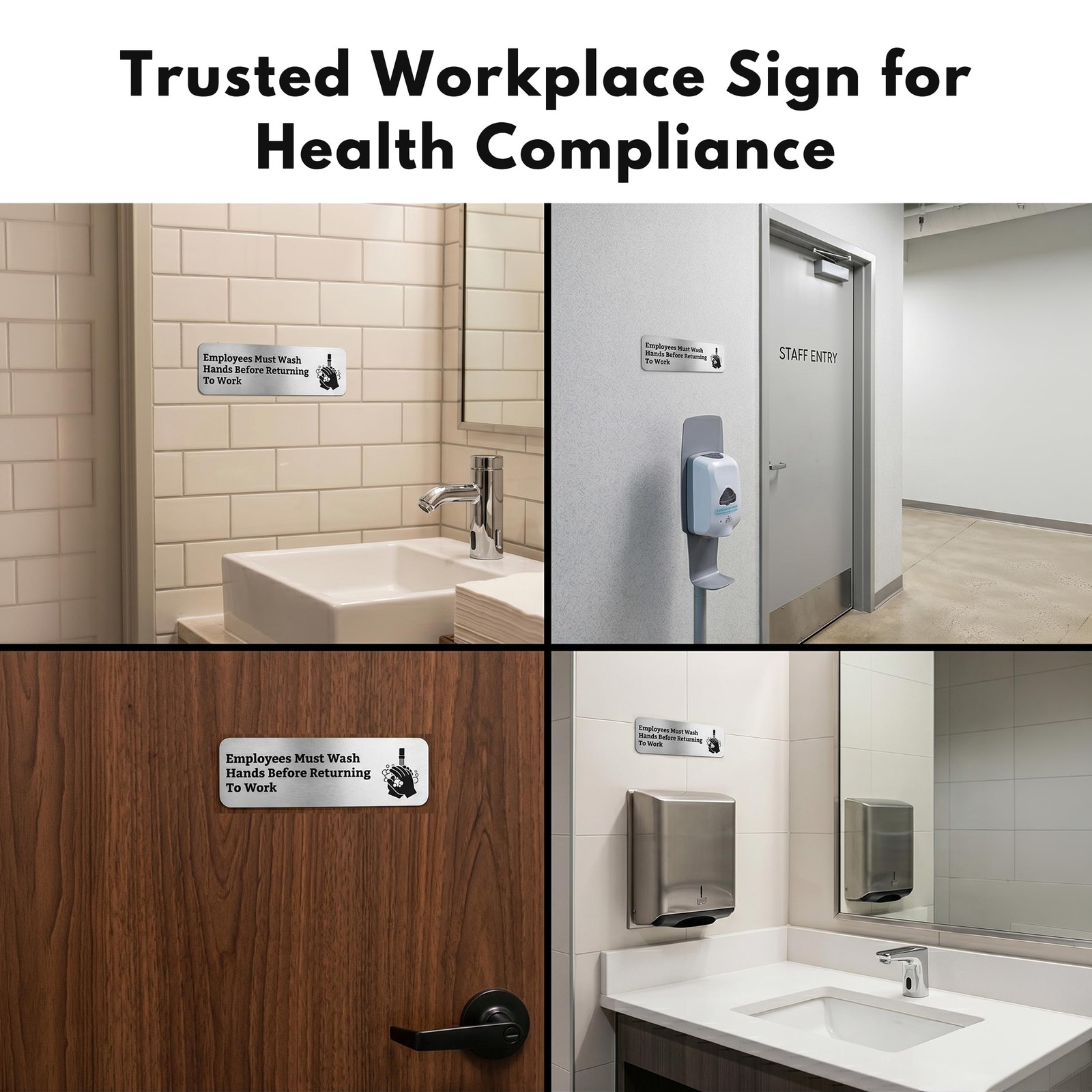Employees Must Wash Hands Sign Brushed Aluminum Employee Notice 9×3 Inch