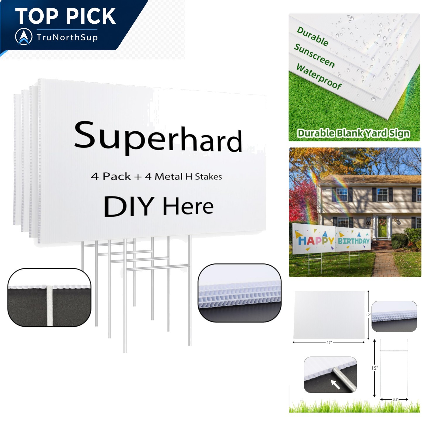 4 Pack Yard Signs 17×12 Inches White Plastic with Metal Stakes Customizable f…