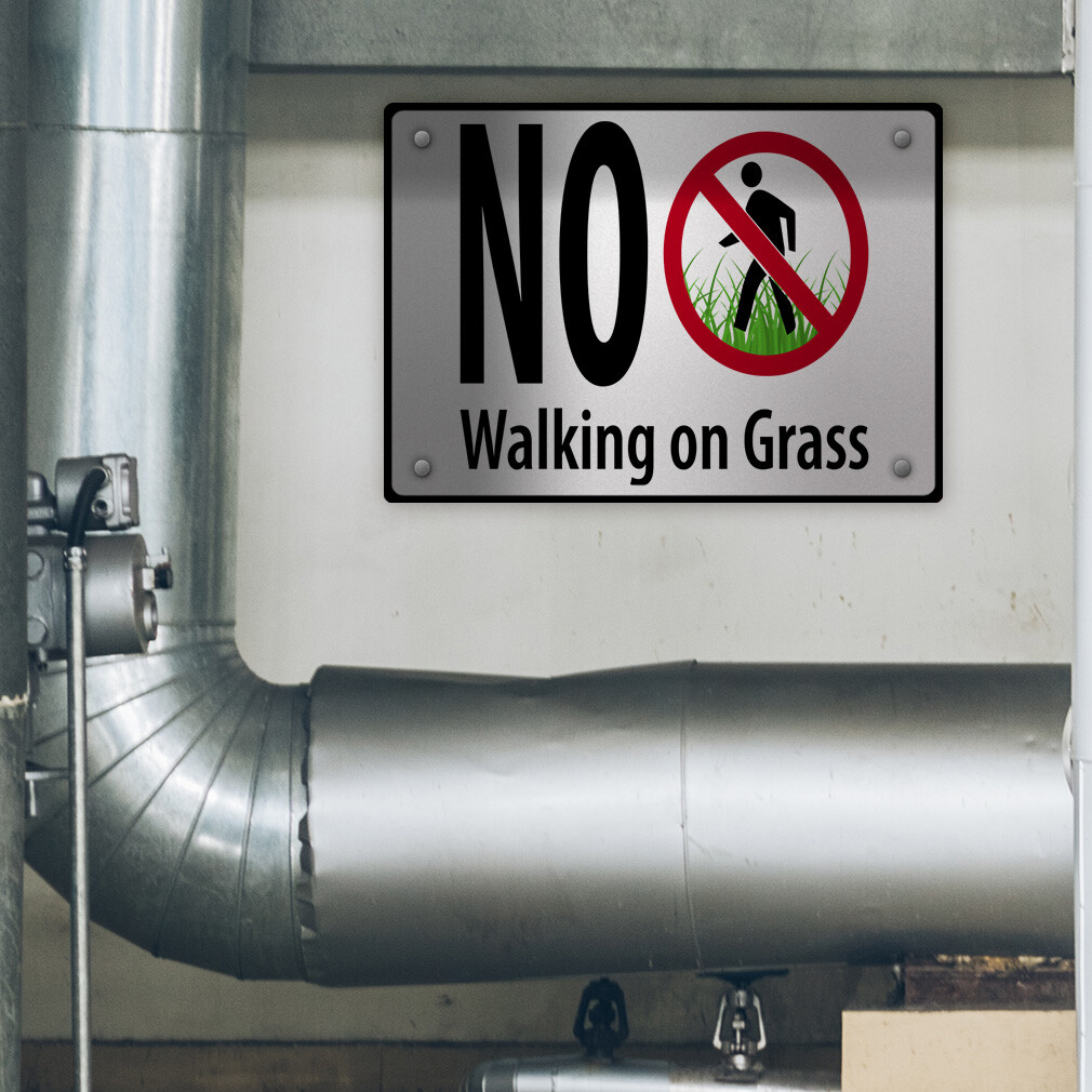 Horizontal Metal Sign No Walking on Grass Hazard Keep off White
