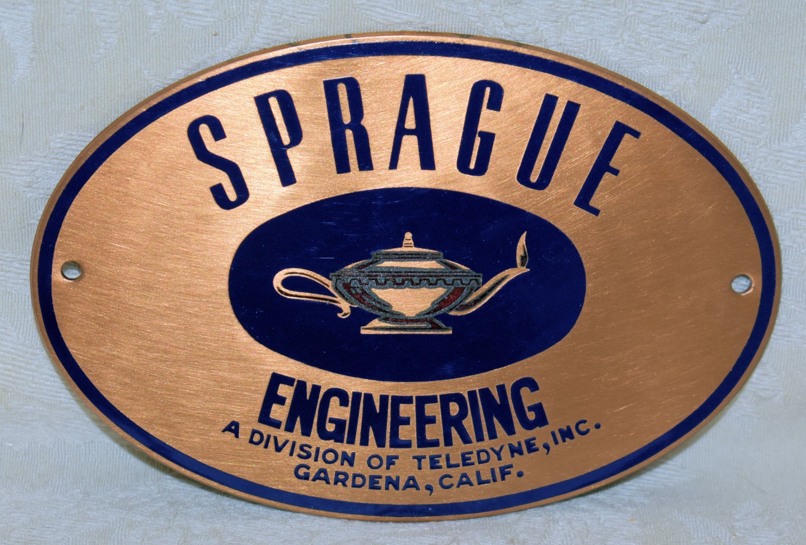 JBf. HEAVY BRASS PLAQUE, SPRAGUE ENGINEERING, TELEDYNE INC. GARDENA CA. 1970&rsquo;S