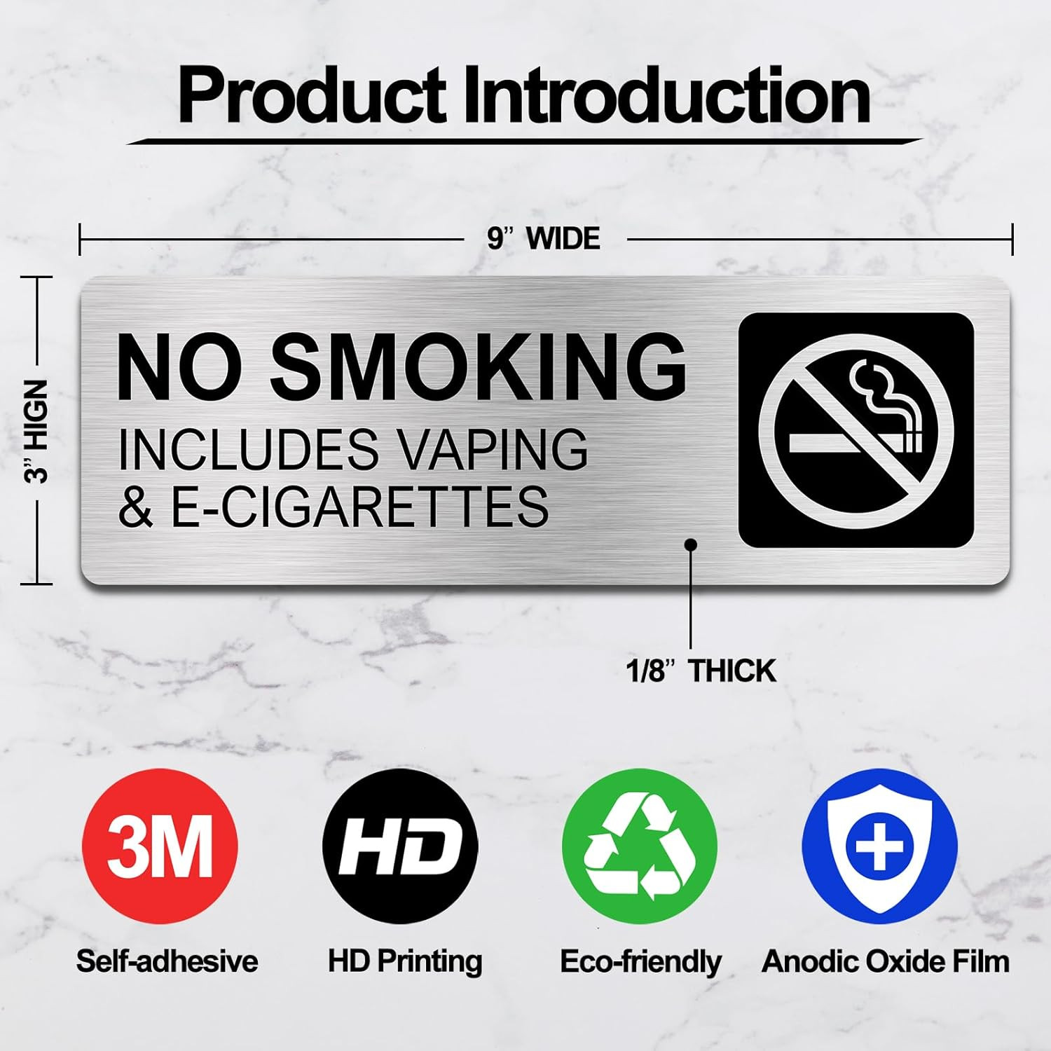 No Smoking Signs for Business, No Vaping Signs, 9 X 3 Inches Brushed Aluminum, W