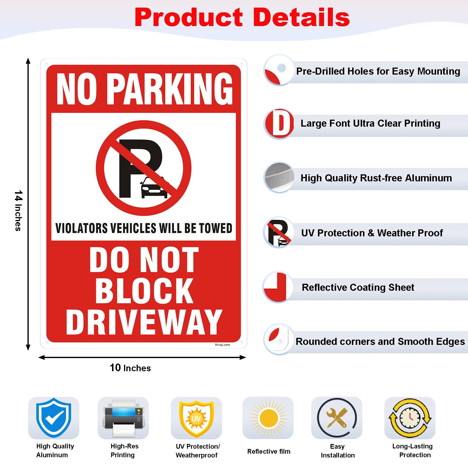 2 Pack No Parking Do Not Block Driveway Signs, 14 x 10 Inch Violators Vehicle…