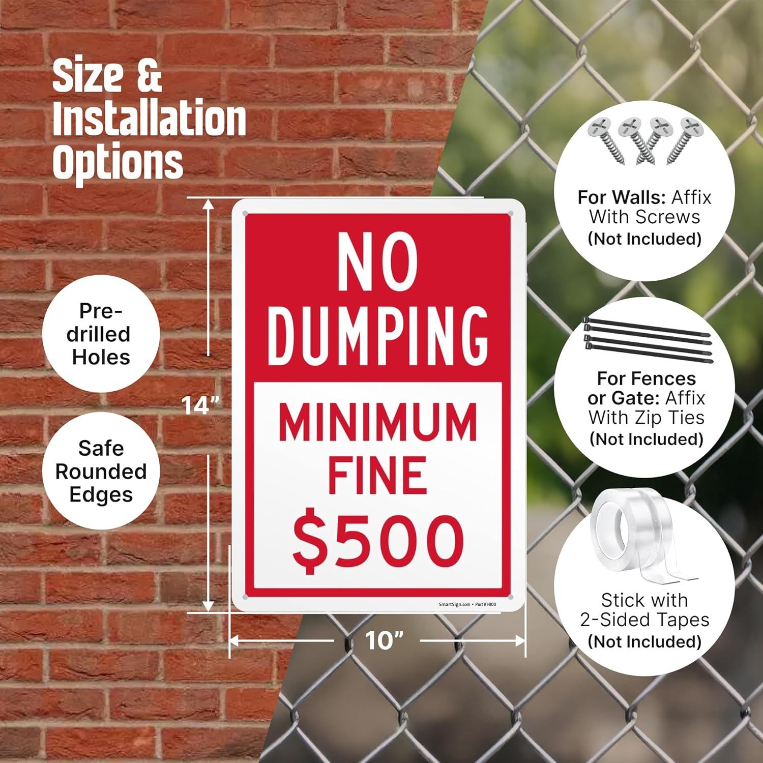 « No Dumping – Minimum Fine 500 Dollars » Metal Sign, 14 X 10 Inch, Private Proper