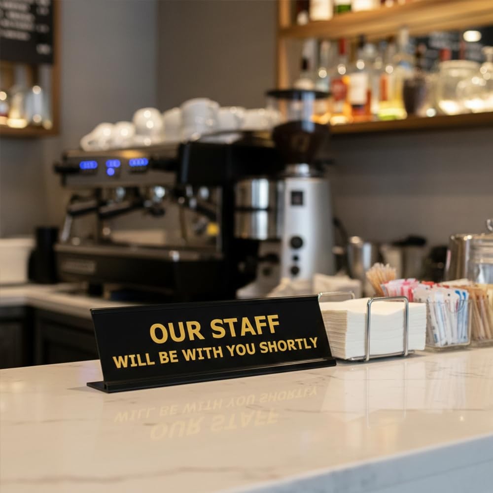 2×8 Inch Our Staff Will Be With You Shortly Sign Black Frame Desk Counter Tag