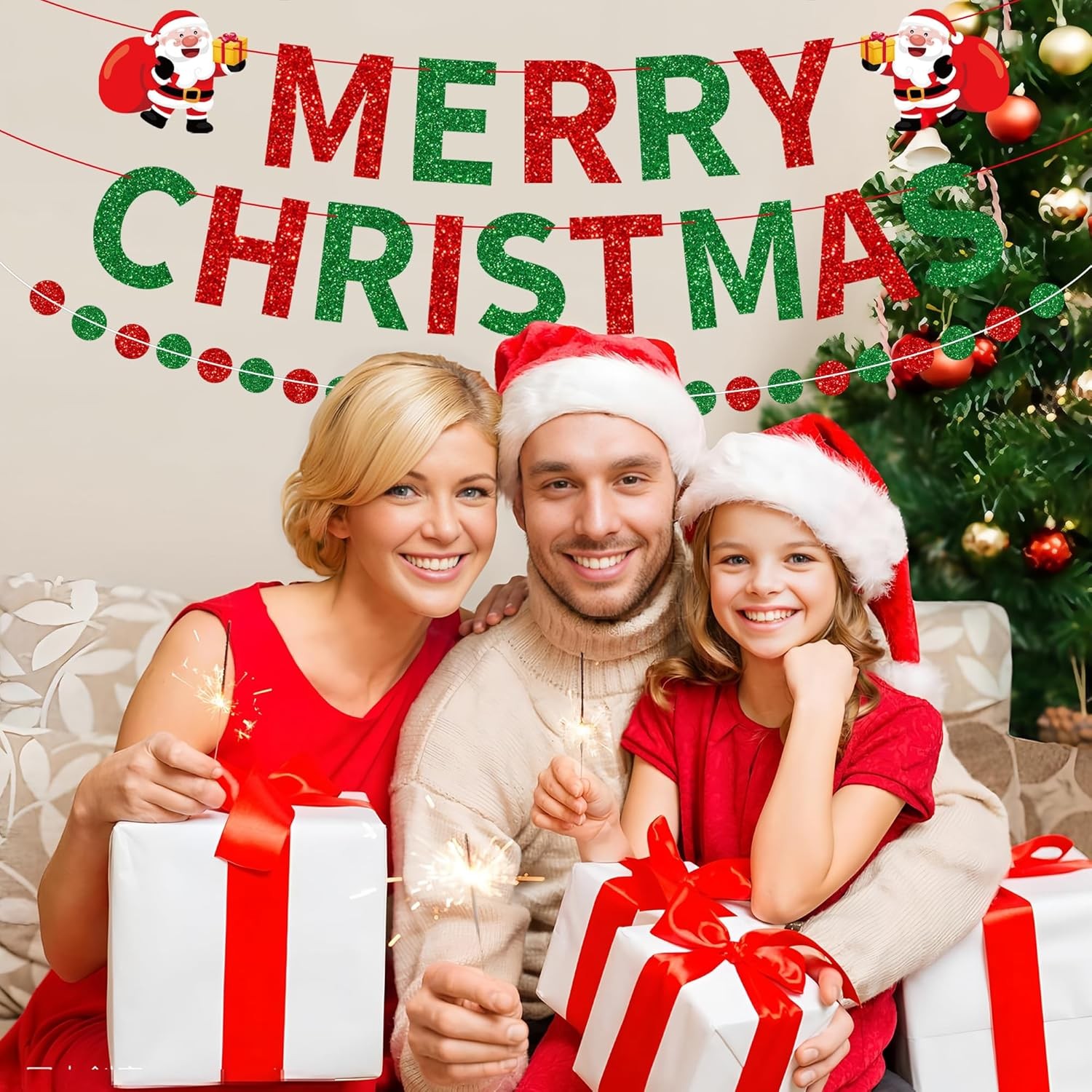 3-Pack Merry Christmas Banner Red Green Glitter Santa Garland Holiday Decor