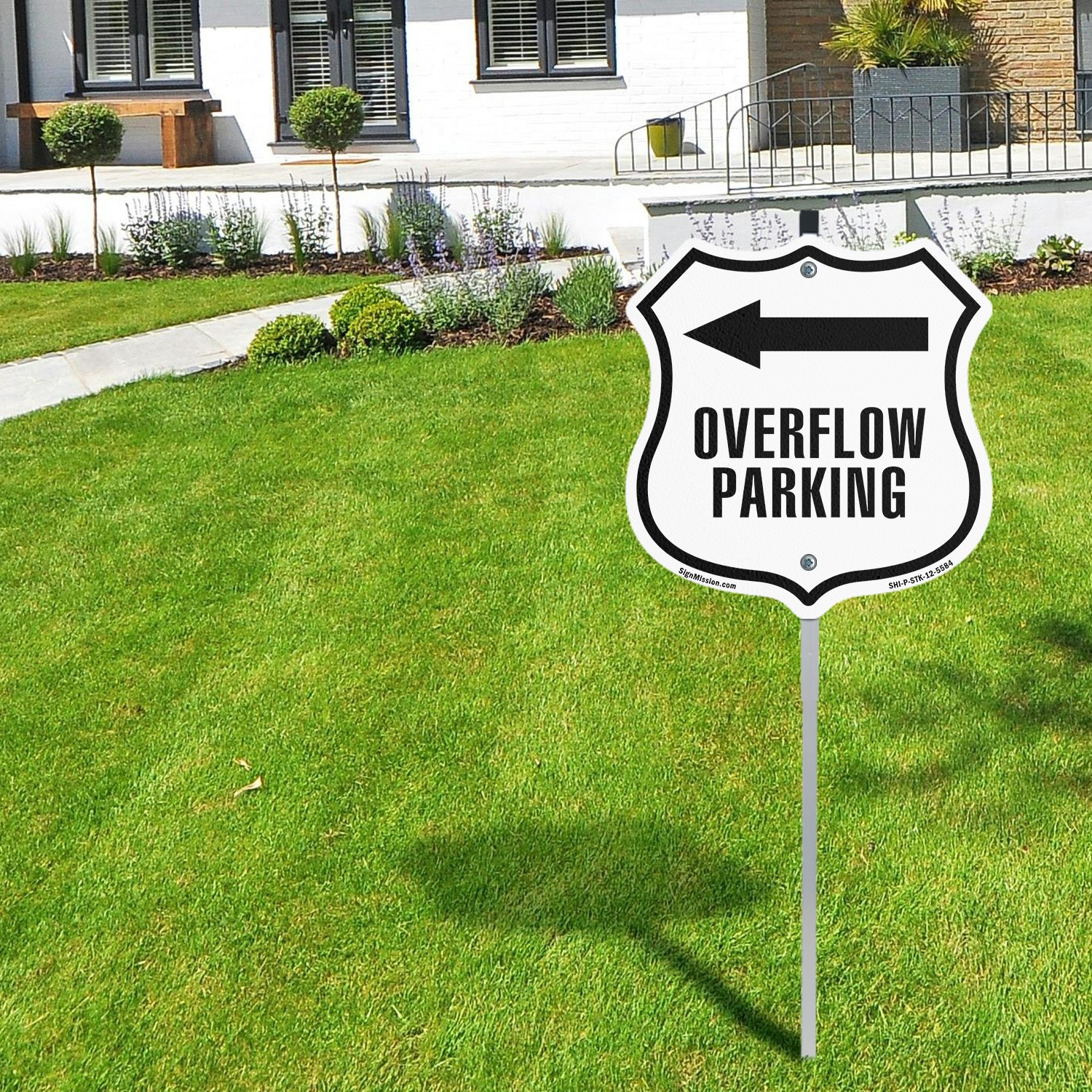 Overflow Parking Left Shield Shaped Sign With Stake Crafted in the USA