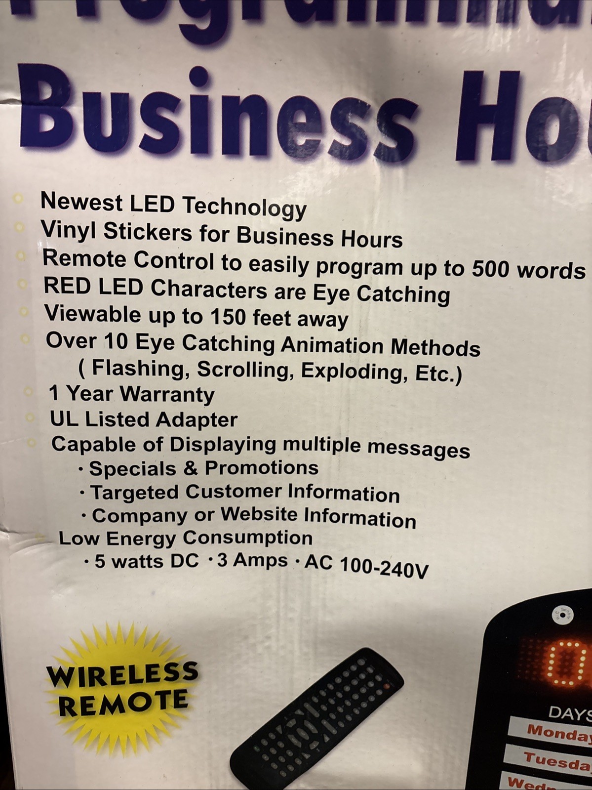 Programmable LED Business Hours Sign PHS-100 New w/ Remote & Letters