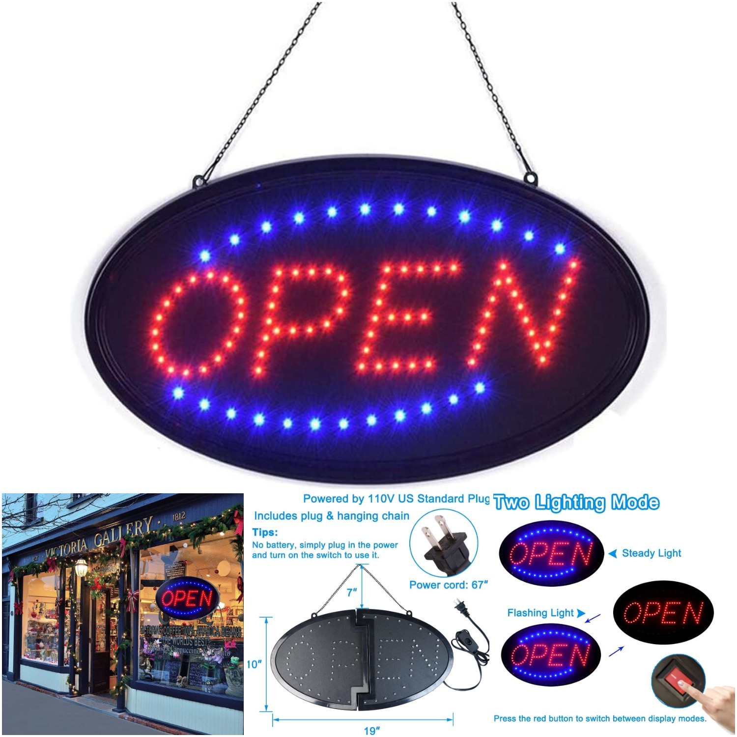 19&rsquo;x10&prime; Led Open Sign Bright Flashing Light Business Window Hotel Display Board