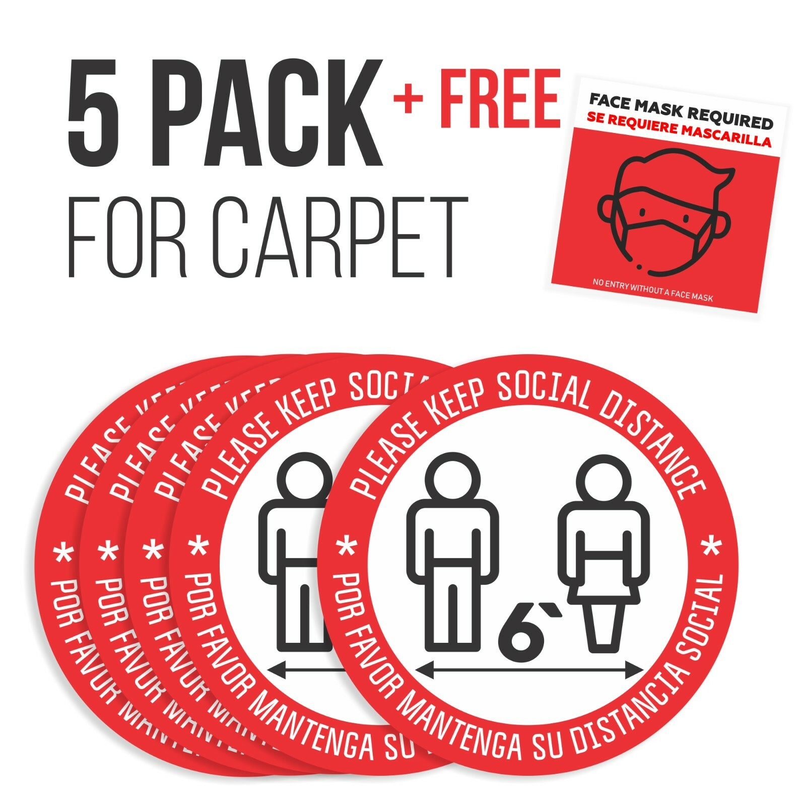 Social Distancing Floor Stickers Carpet 5 Pack Plus Face Mask Required Sign